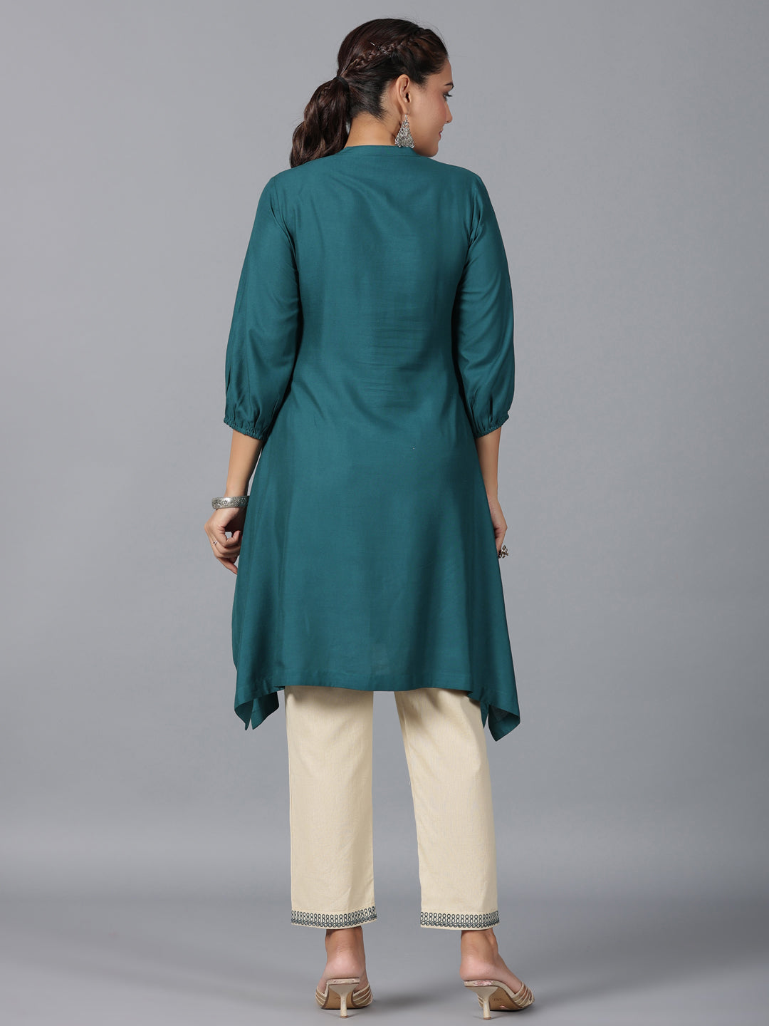 Juniper Women Teal LIVA Embroidered Asymmetric Kurta & Pants Set