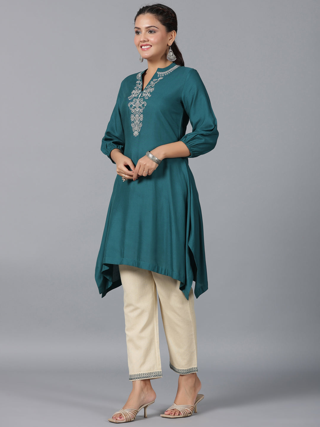 Juniper Women Teal LIVA Embroidered Asymmetric Kurta & Pants Set