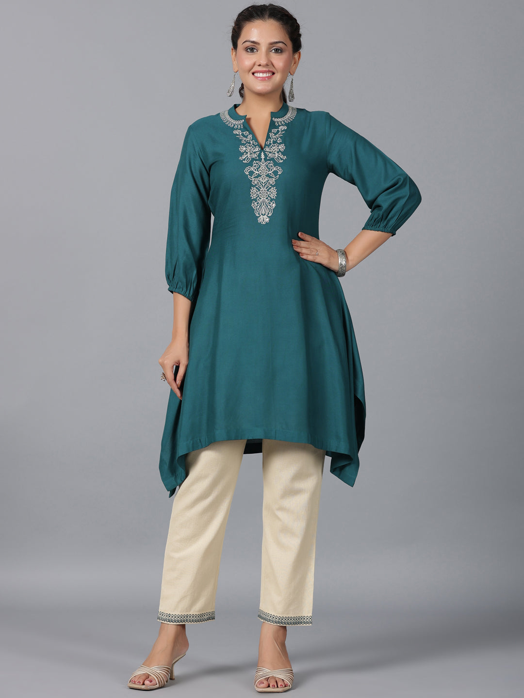 Juniper Women Teal LIVA Embroidered Asymmetric Kurta & Pants Set