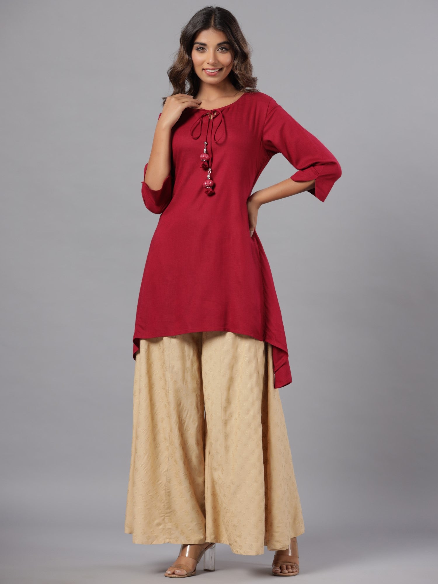 Juniper Women Fuchsia Rayon Solid Asymmetric Kurta