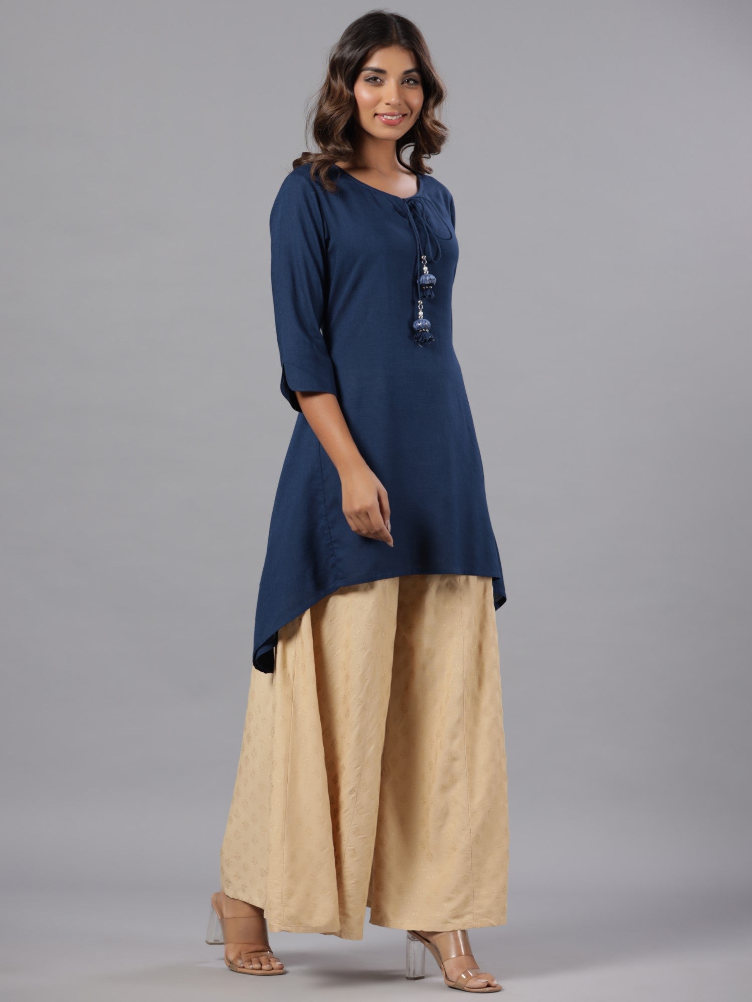 Juniper Women Indigo Rayon Solid Asymmetric Kurta