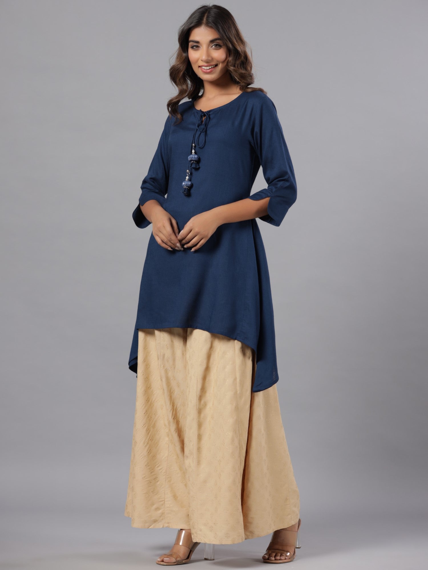 Juniper Women Indigo Rayon Solid Asymmetric Kurta