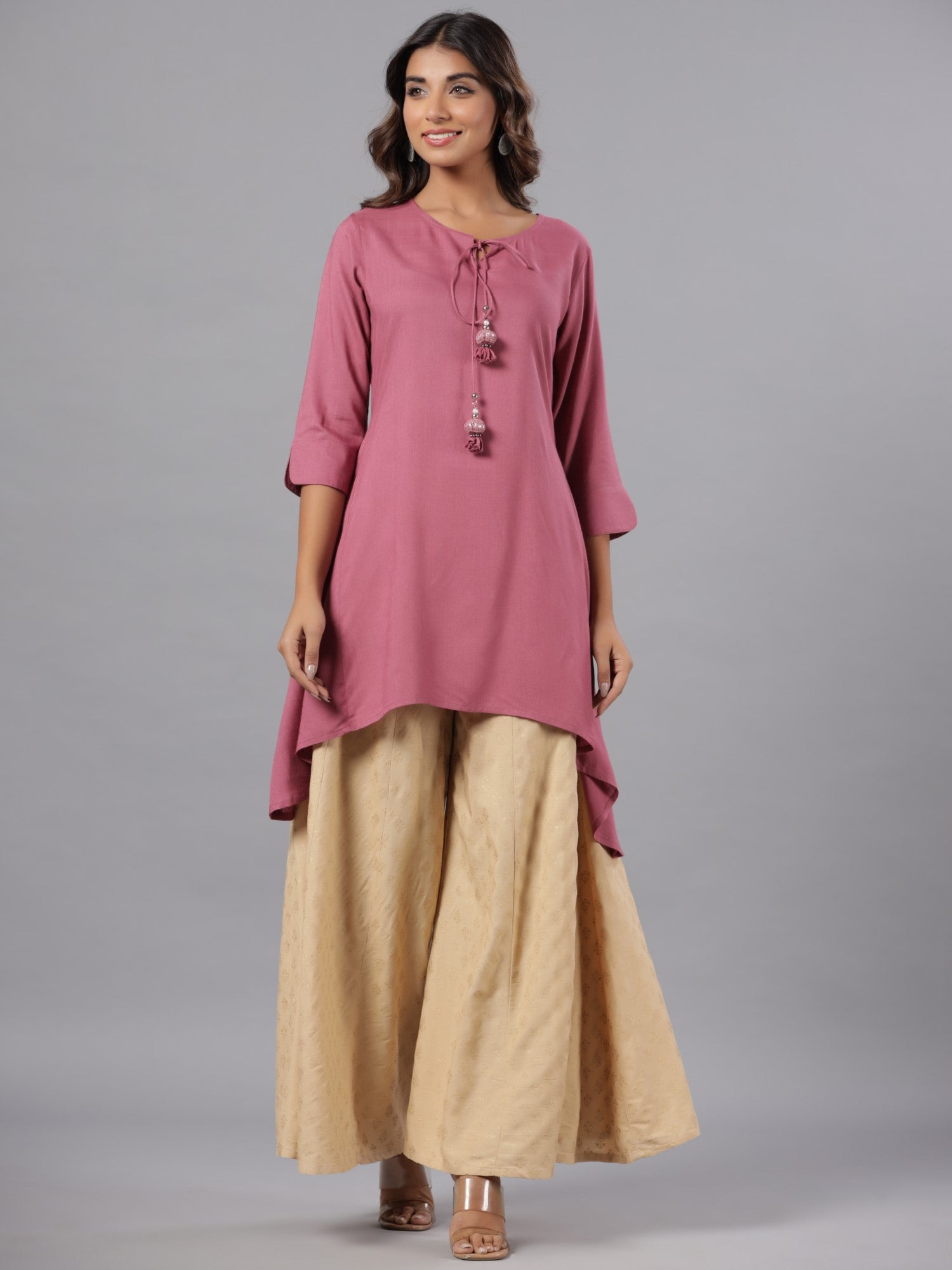 Juniper Women Mauve Rayon Solid Asymmetric Kurta