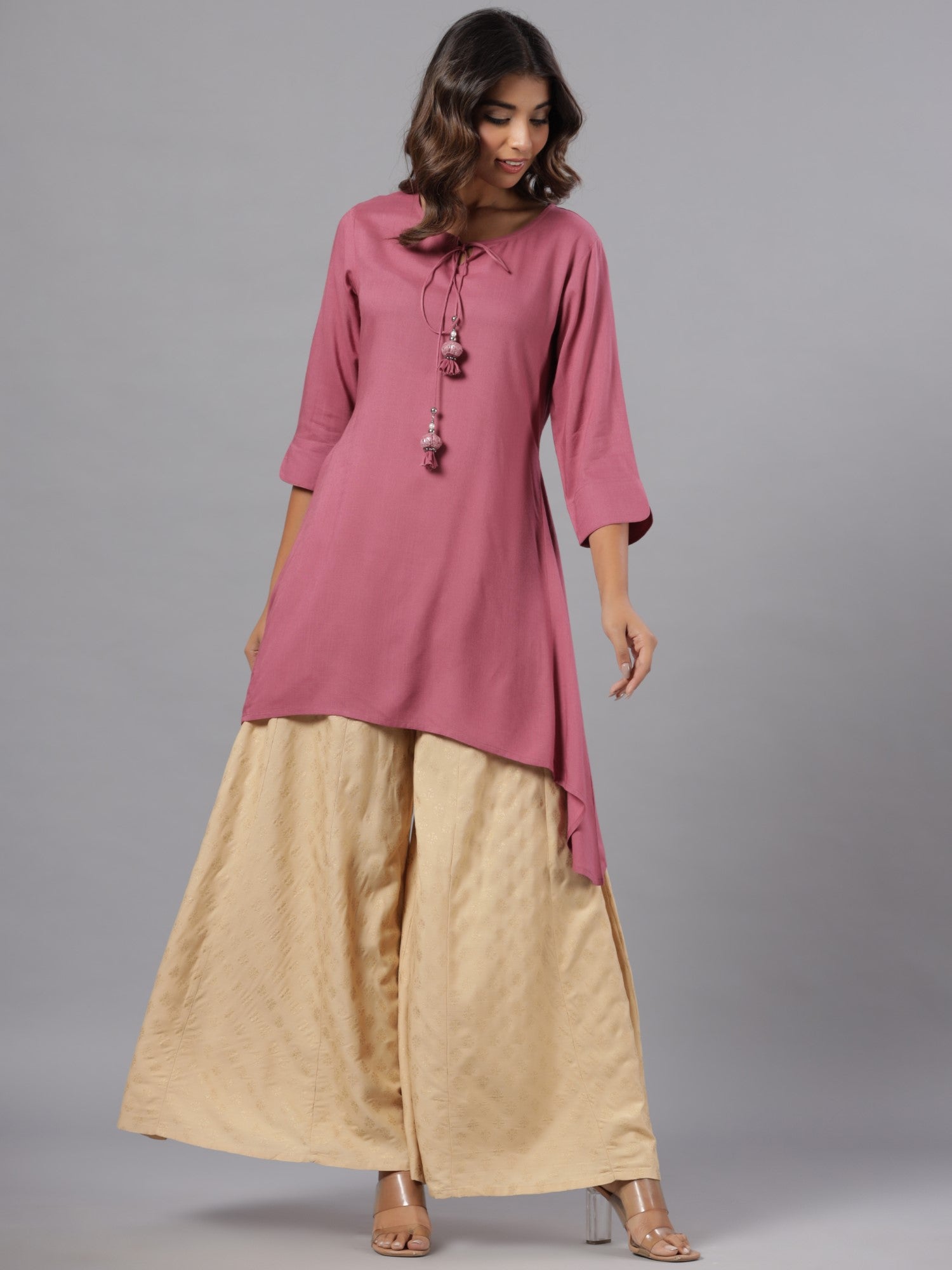 Juniper Women Mauve Rayon Solid Asymmetric Kurta