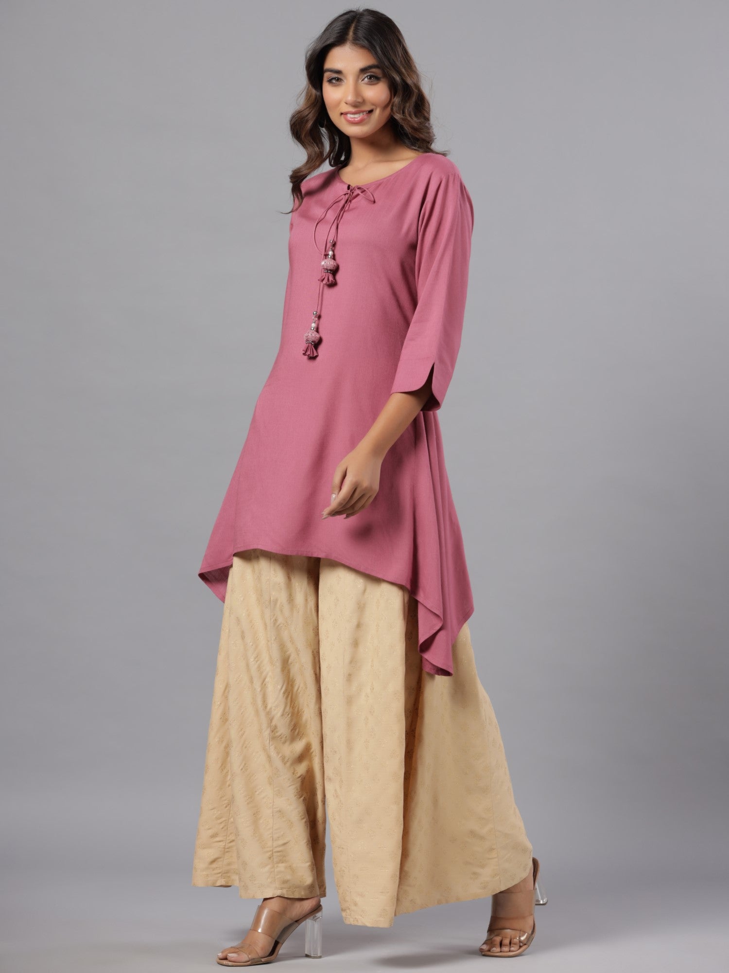 Juniper Women Mauve Rayon Solid Asymmetric Kurta