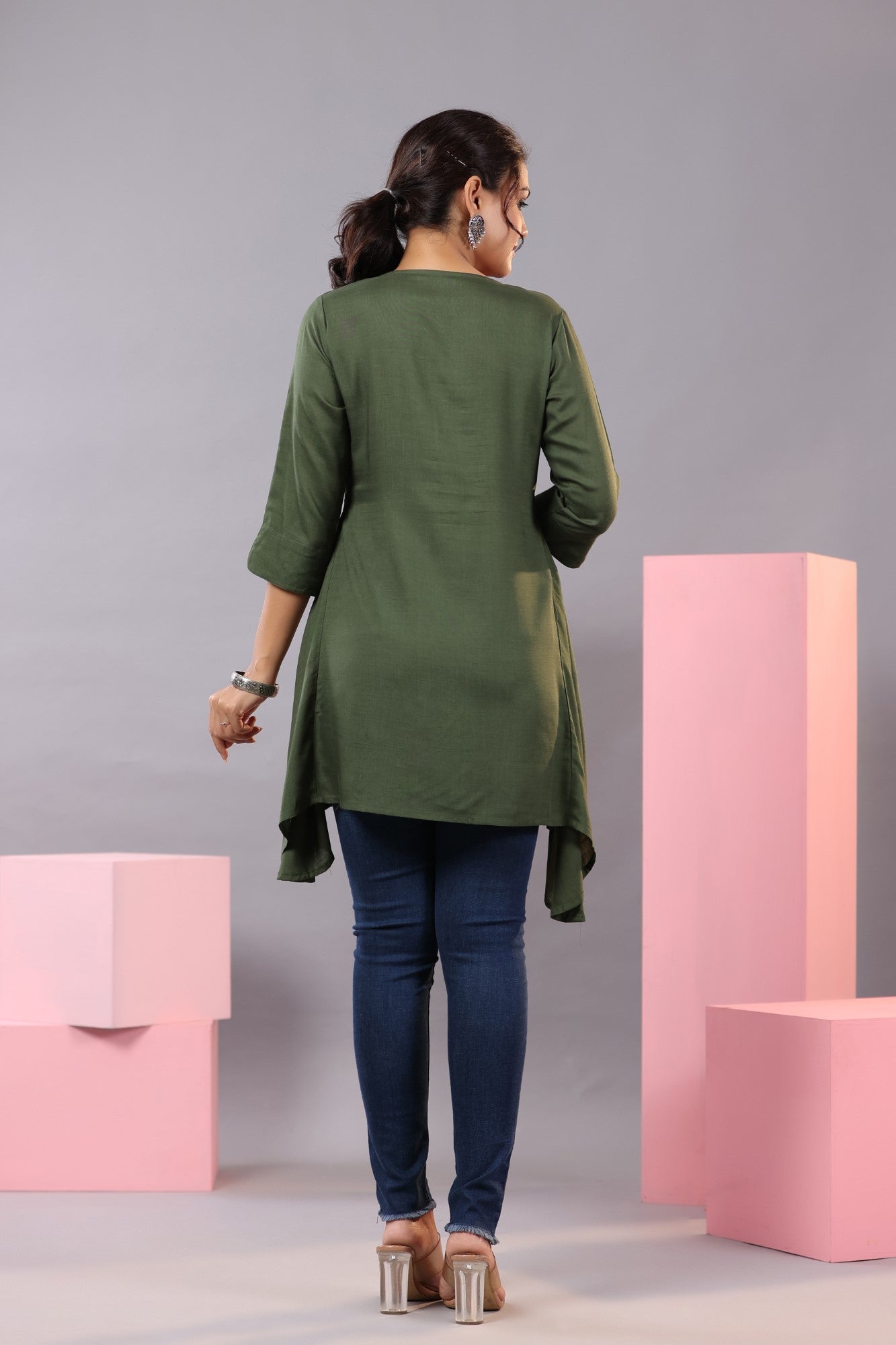 Juniper Women Olive Rayon Solid Asymmetric Kurta