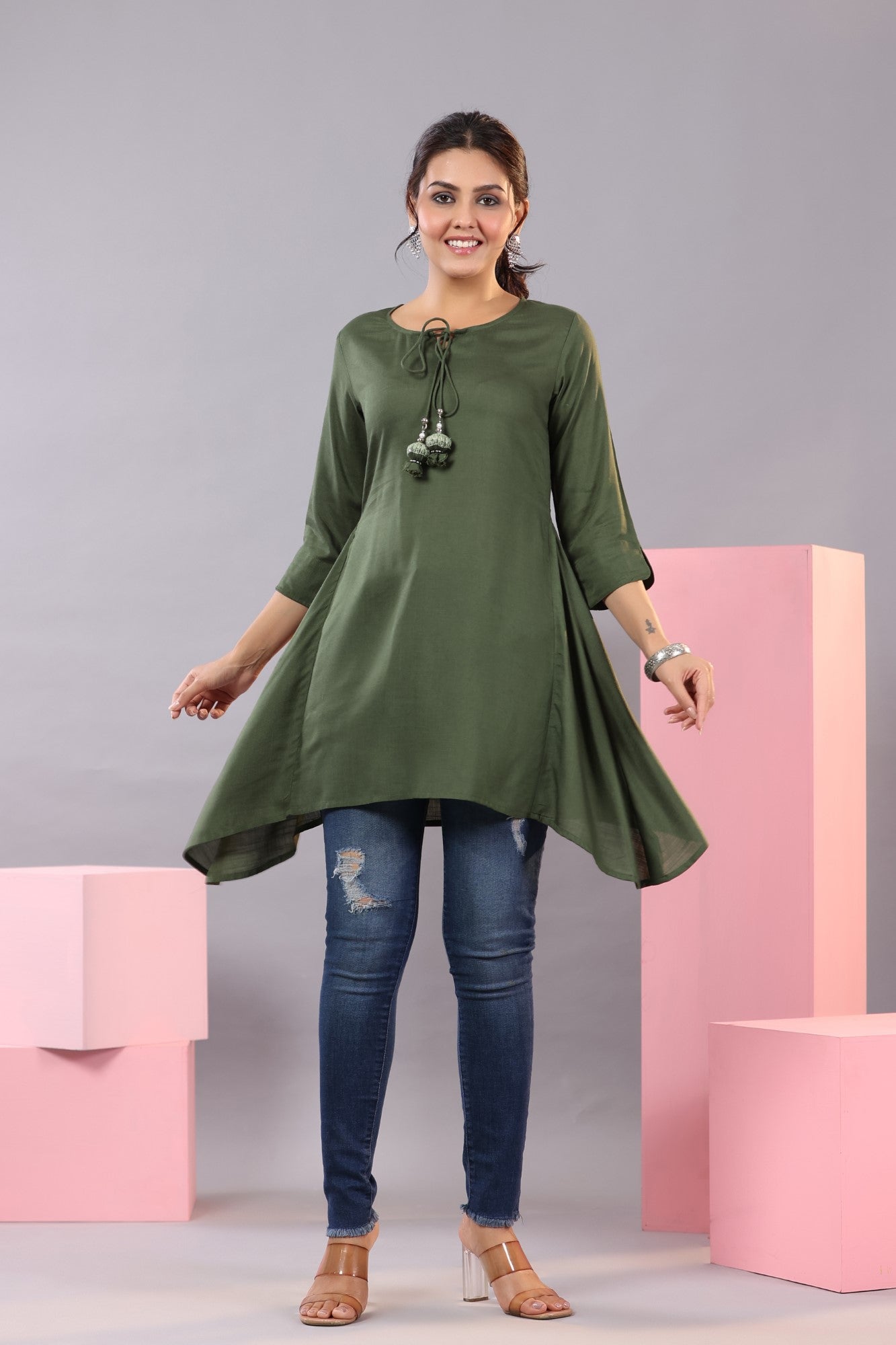 Juniper Women Olive Rayon Solid Asymmetric Kurta