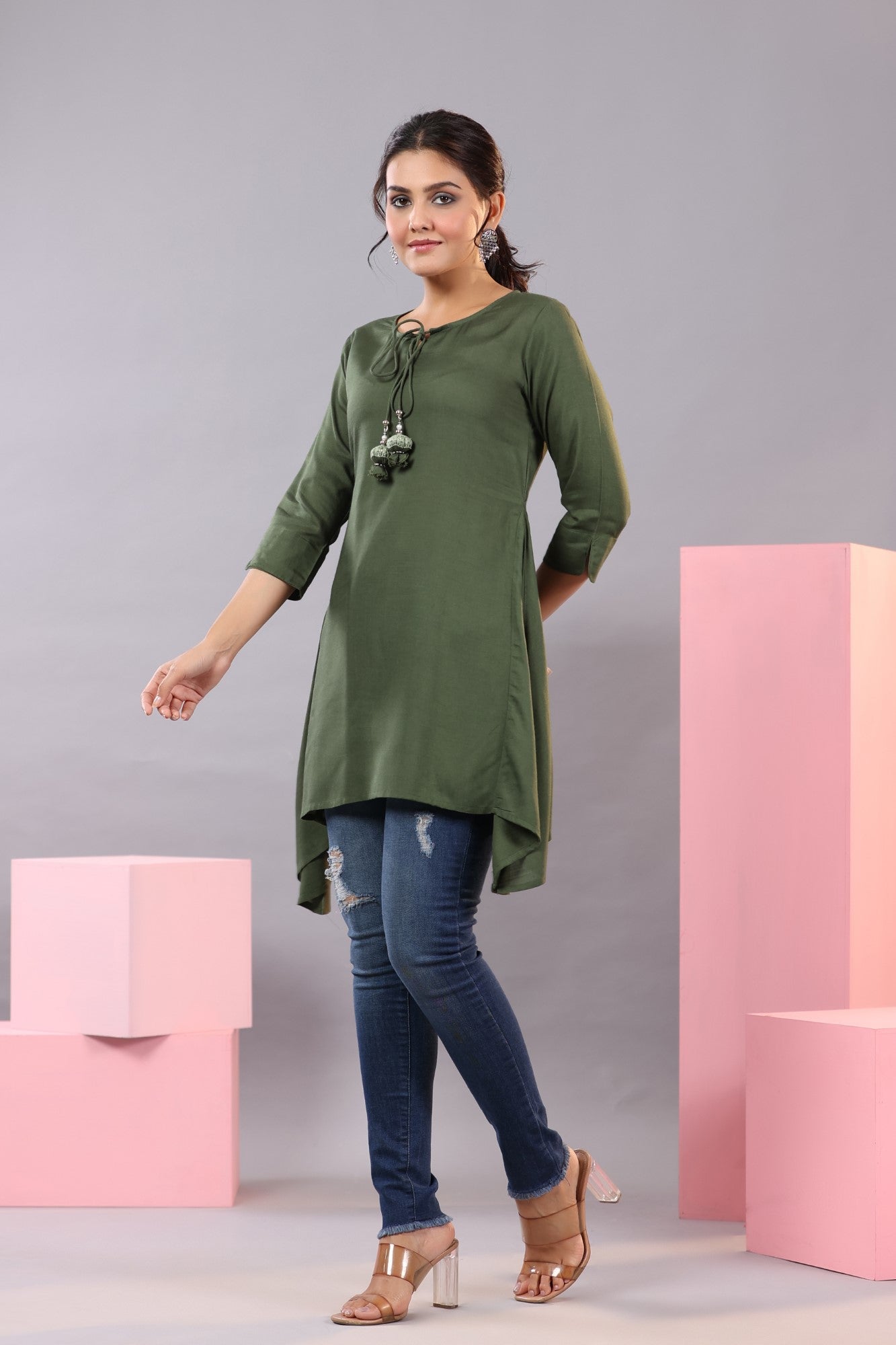 Juniper Women Olive Rayon Solid Asymmetric Kurta