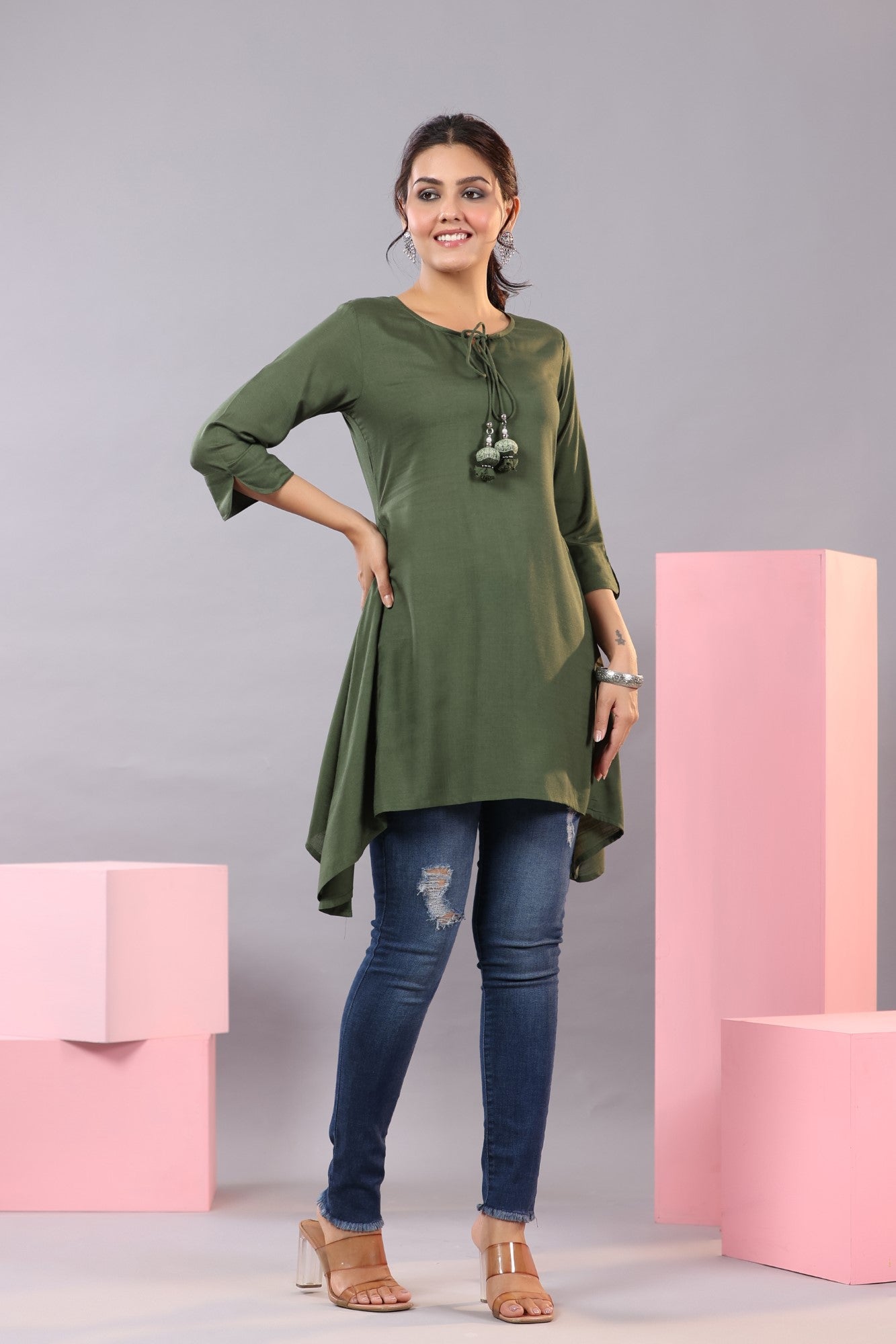 Juniper Women Olive Rayon Solid Asymmetric Kurta
