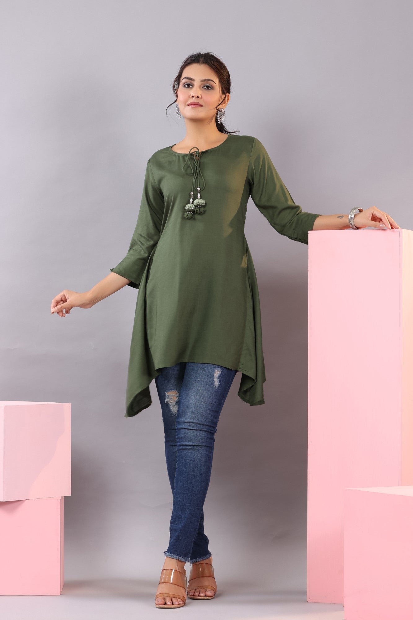 Juniper Women Olive Rayon Solid Asymmetric Kurta
