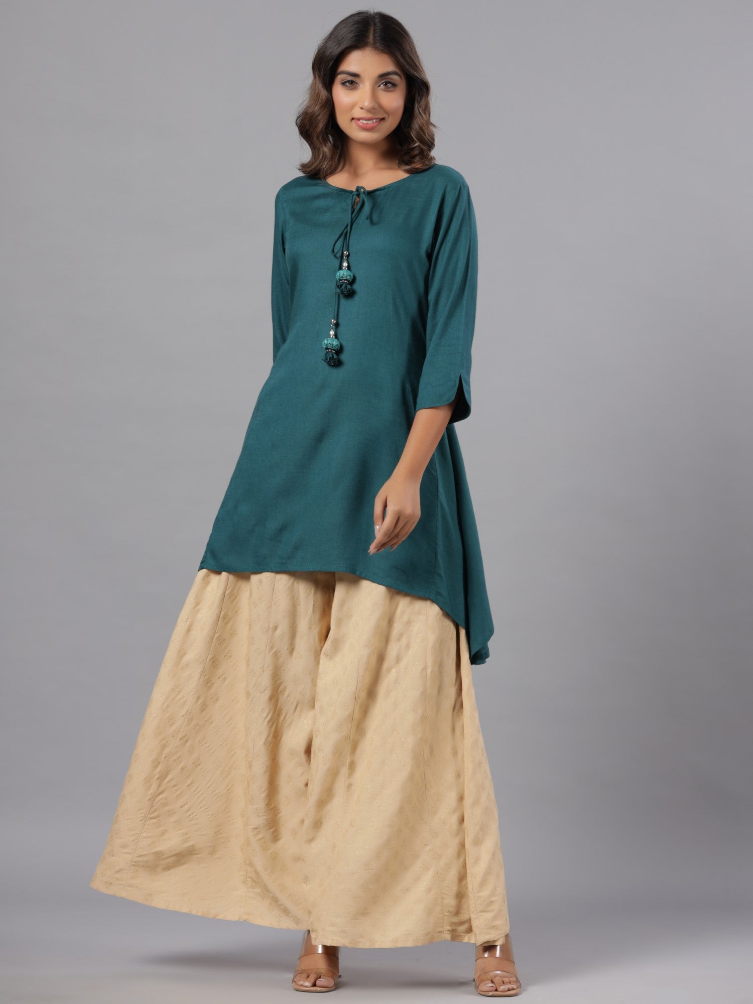Juniper Women Teal Rayon Solid Asymmetric Kurta