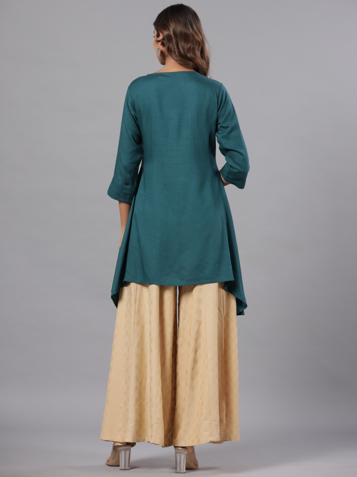 Juniper Women Teal Rayon Solid Asymmetric Kurta