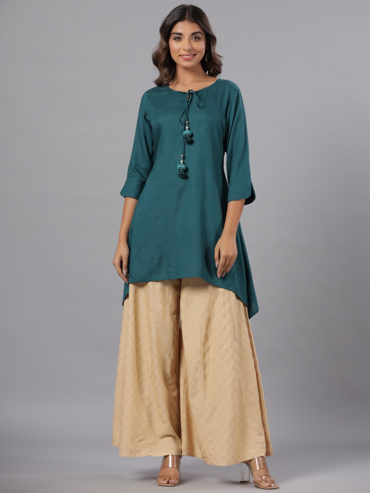 Juniper Women Teal Rayon Solid Asymmetric Kurta