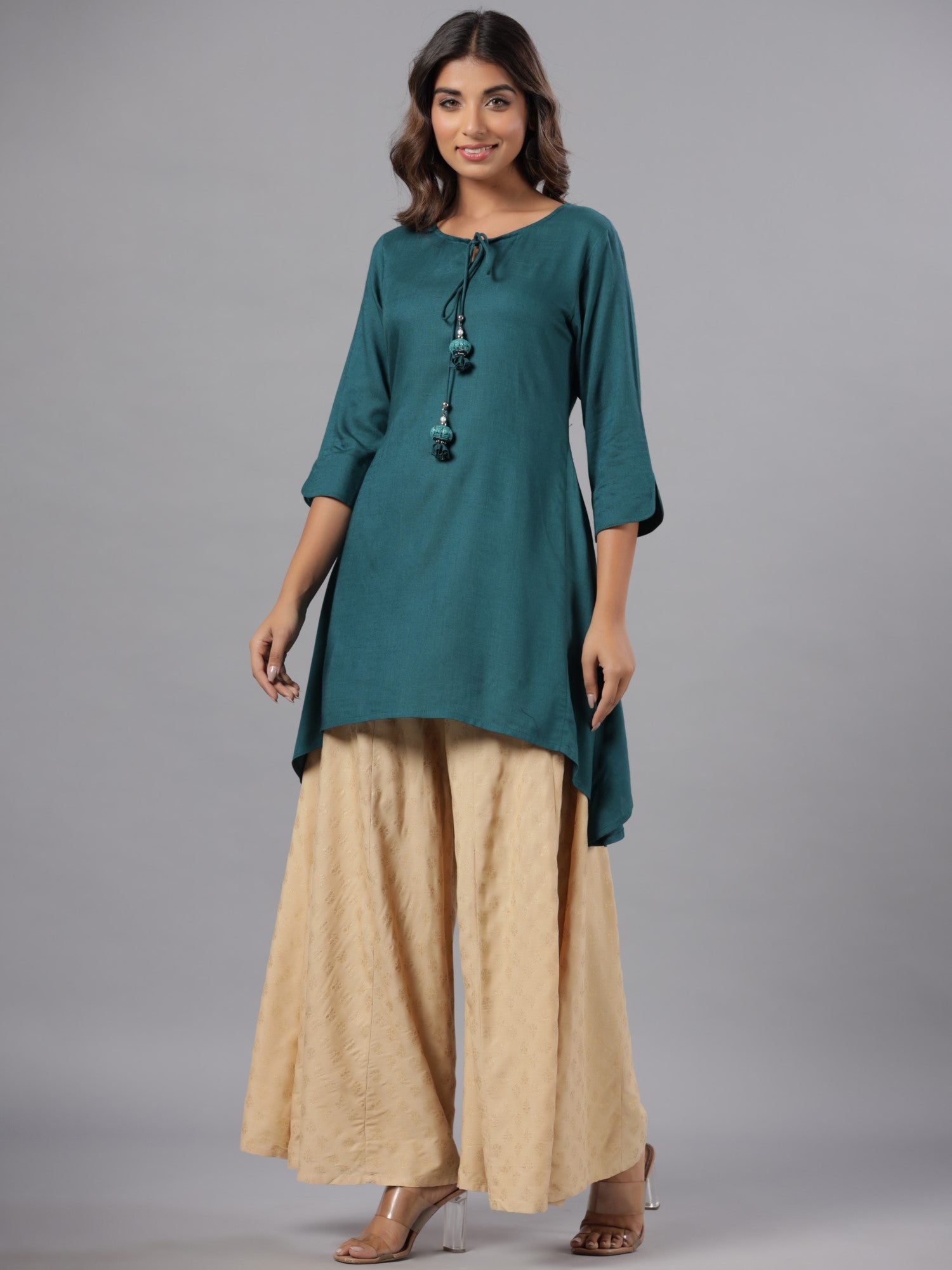 Juniper Women Teal Rayon Solid Asymmetric Kurta