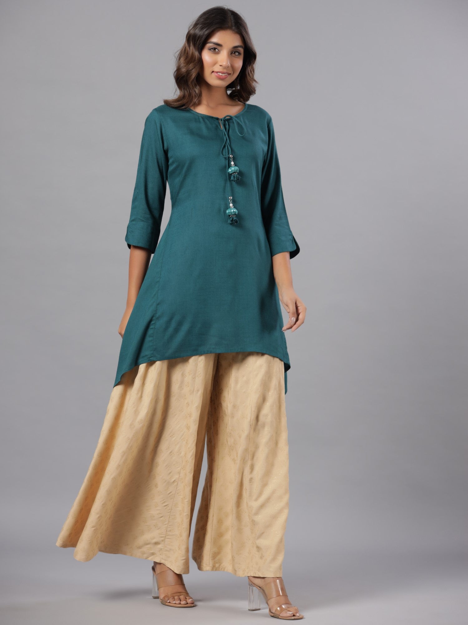 Juniper Women Teal Rayon Solid Asymmetric Kurta