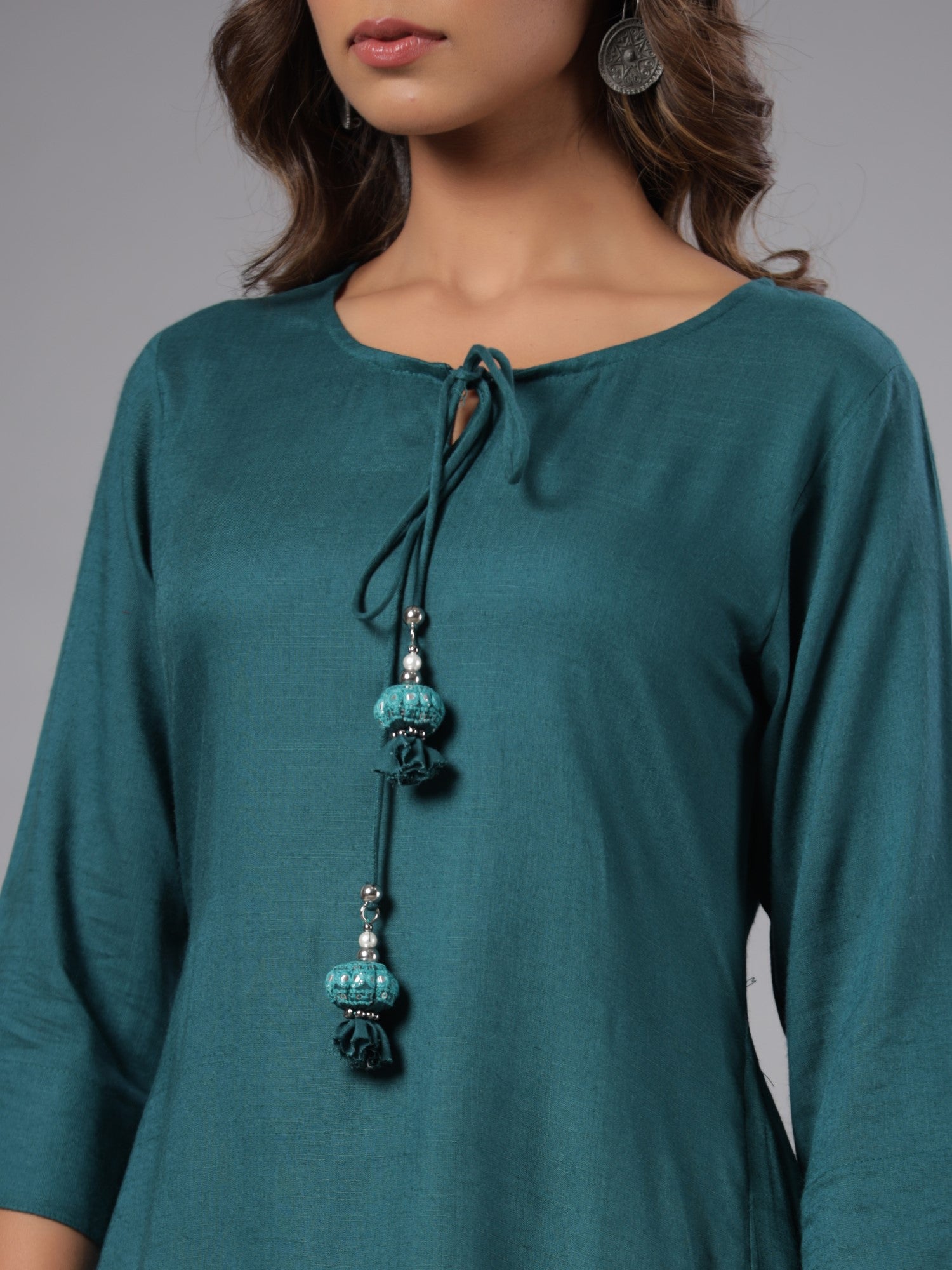 Juniper Women Teal Rayon Solid Asymmetric Kurta
