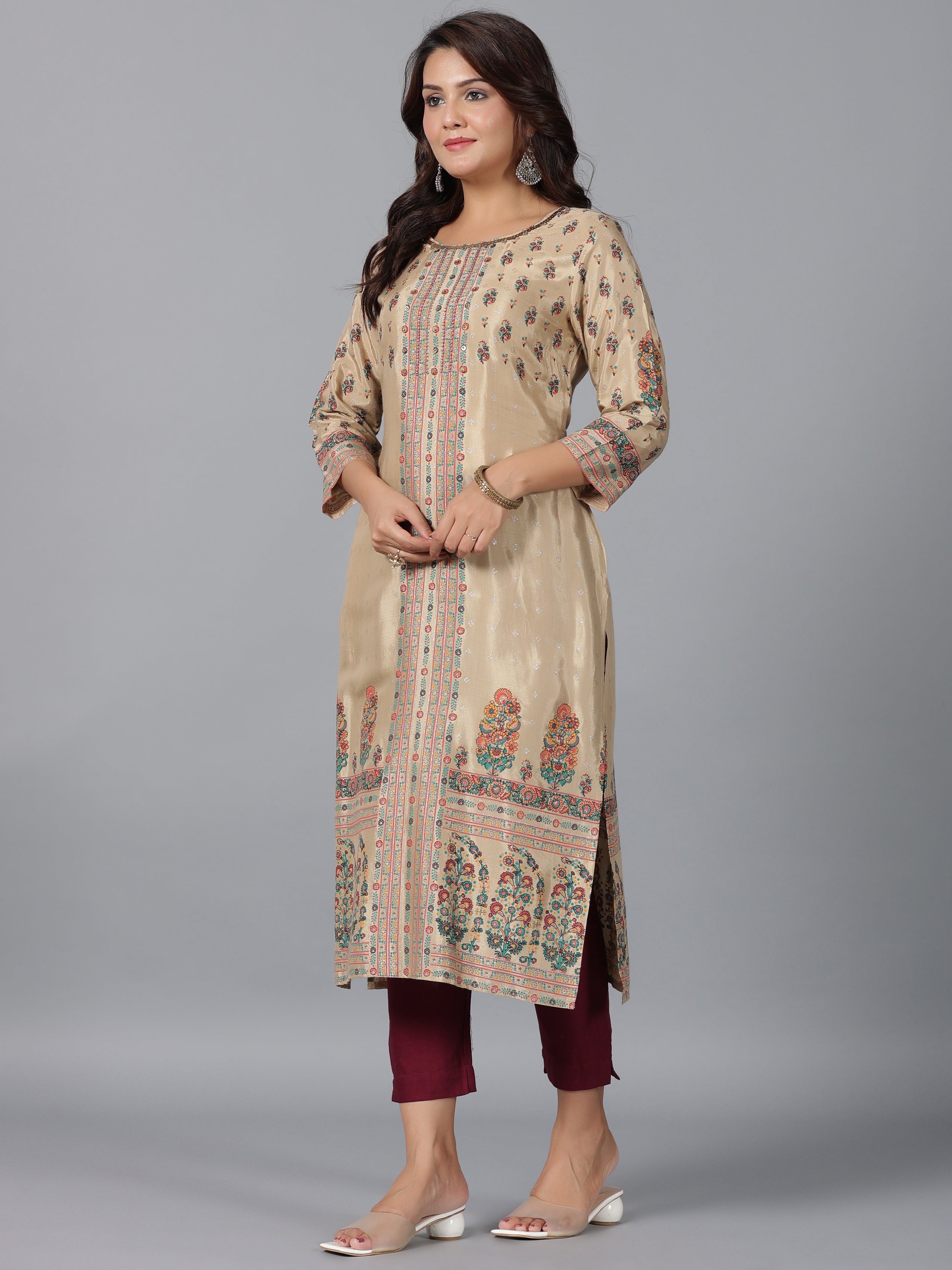 Juniper Women Beige Shantoon Printed Straight Kurta