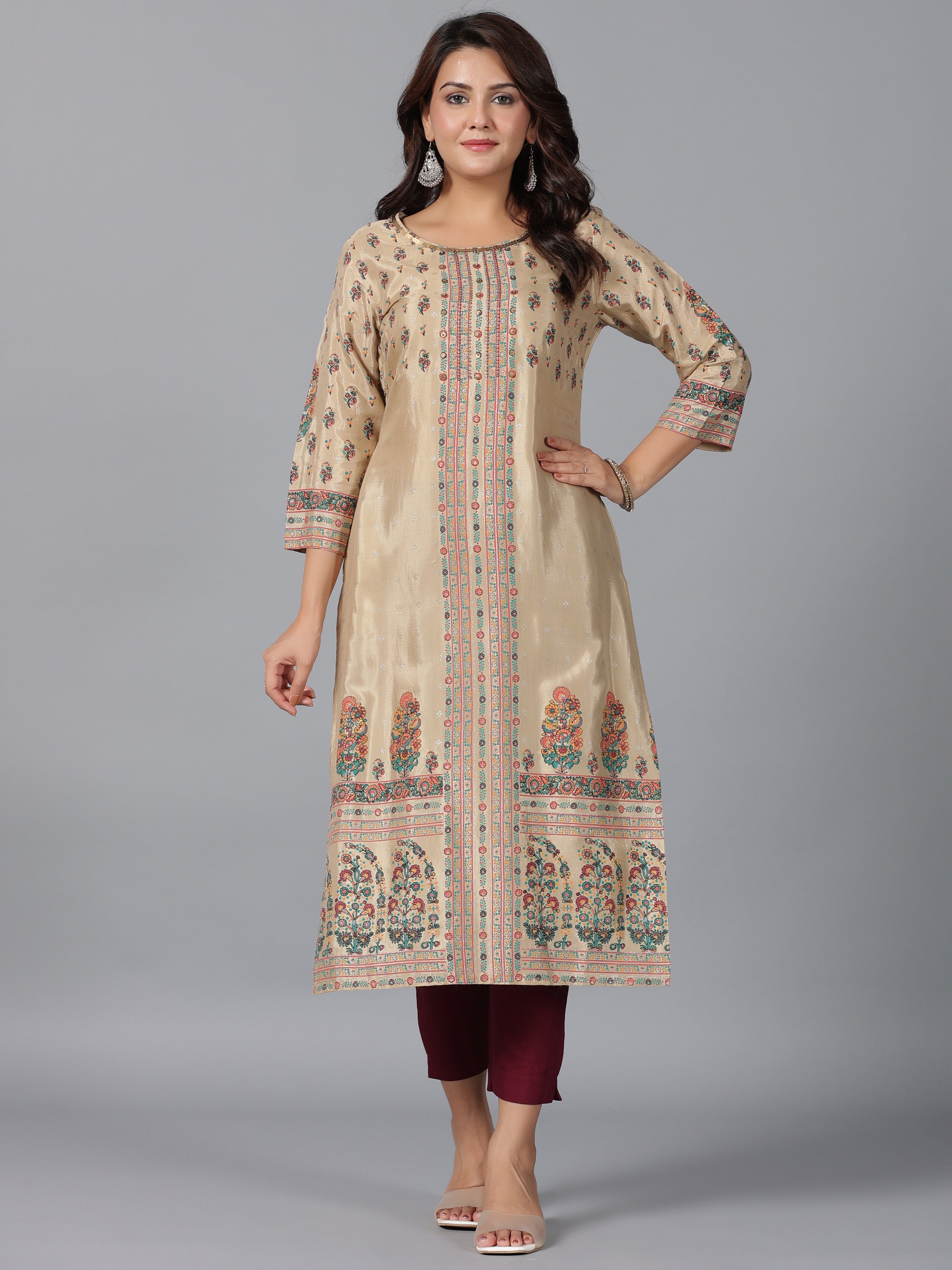 Juniper Women Beige Shantoon Printed Straight Kurta