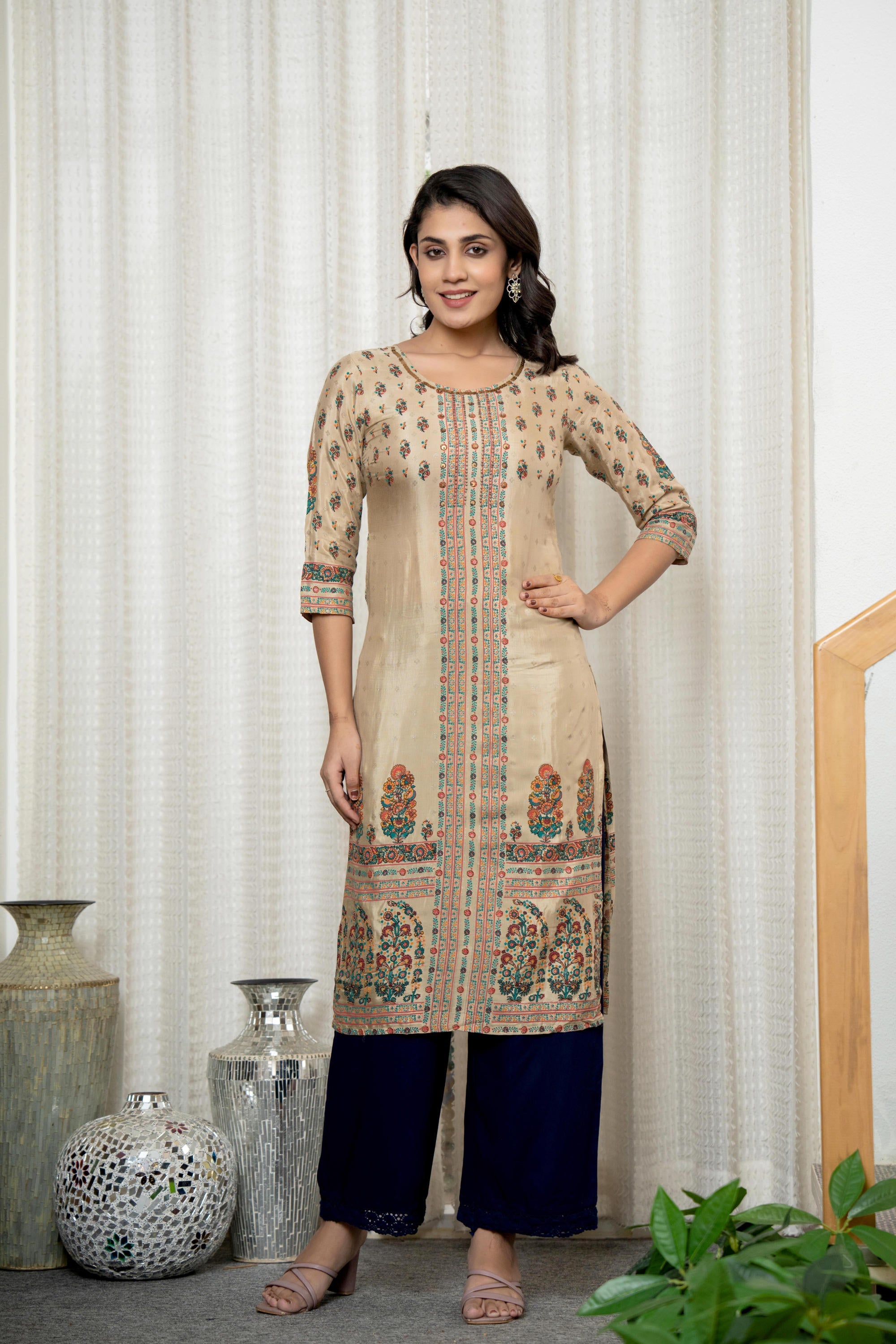 Beige Floral Printed Viscose Kurta With Beads & Sequins