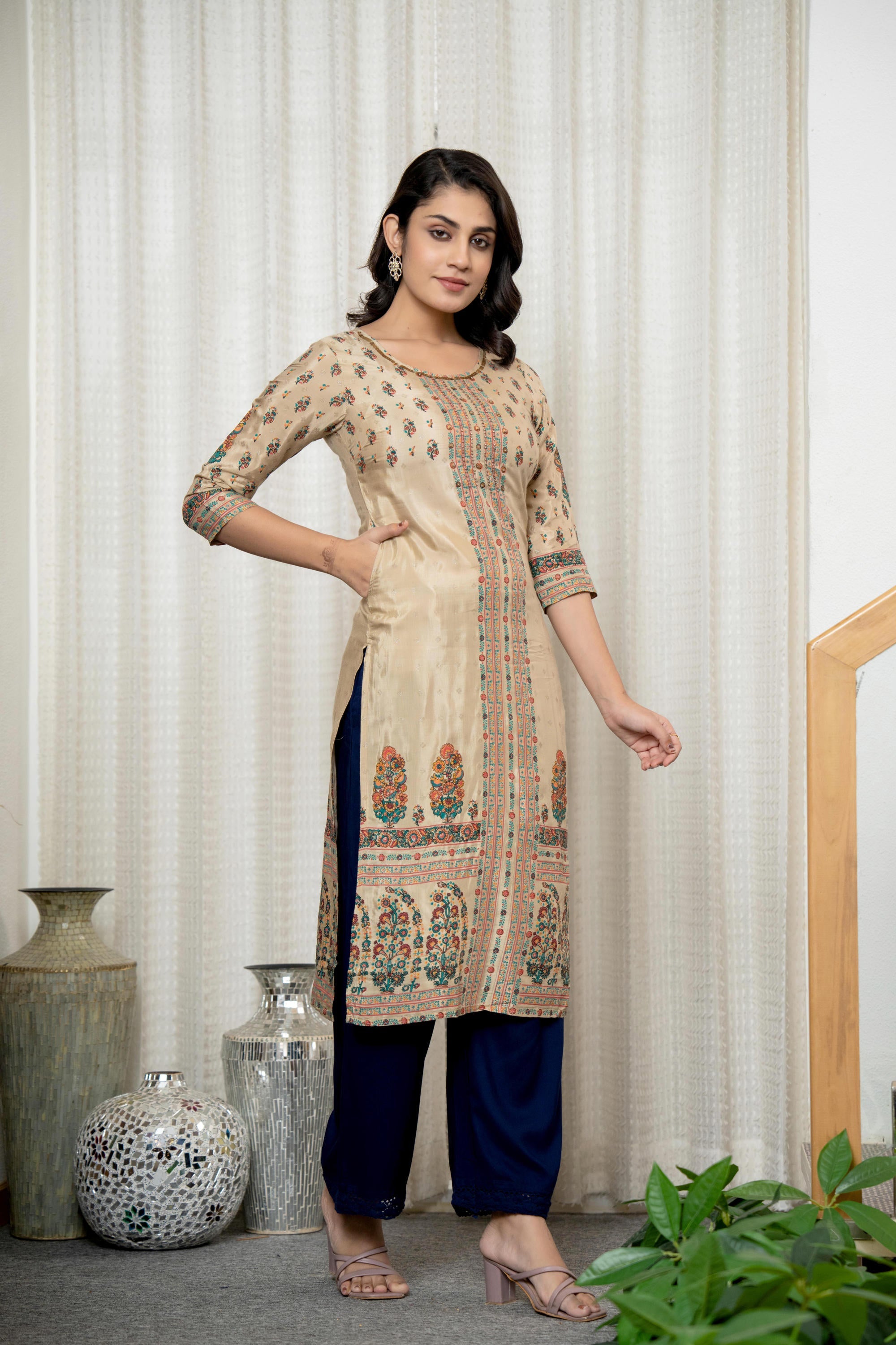 Beige Floral Printed Viscose Kurta With Beads & Sequins