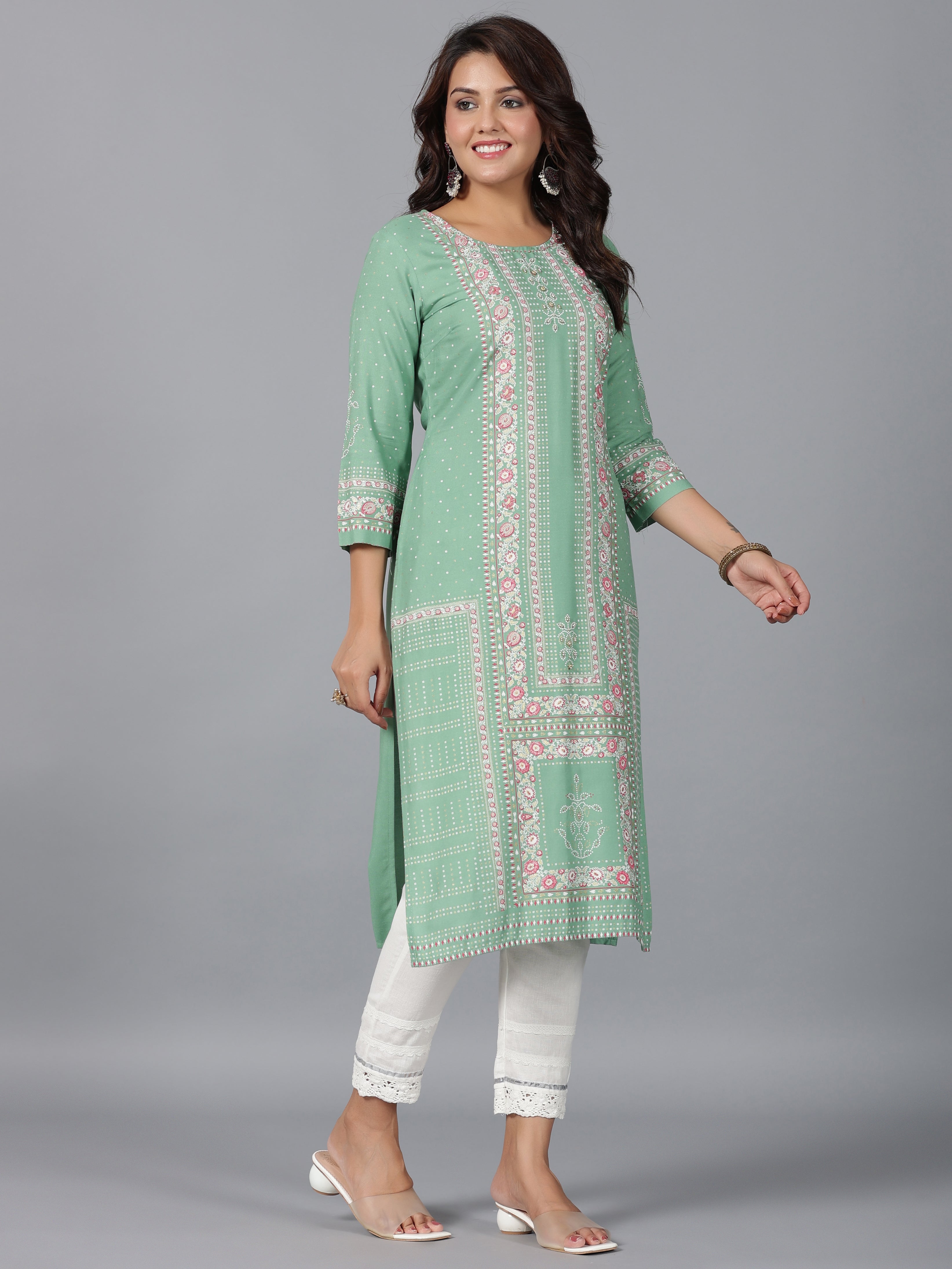 Juniper Sage Green Floral Printed Rayon Straight Kurta With Beads