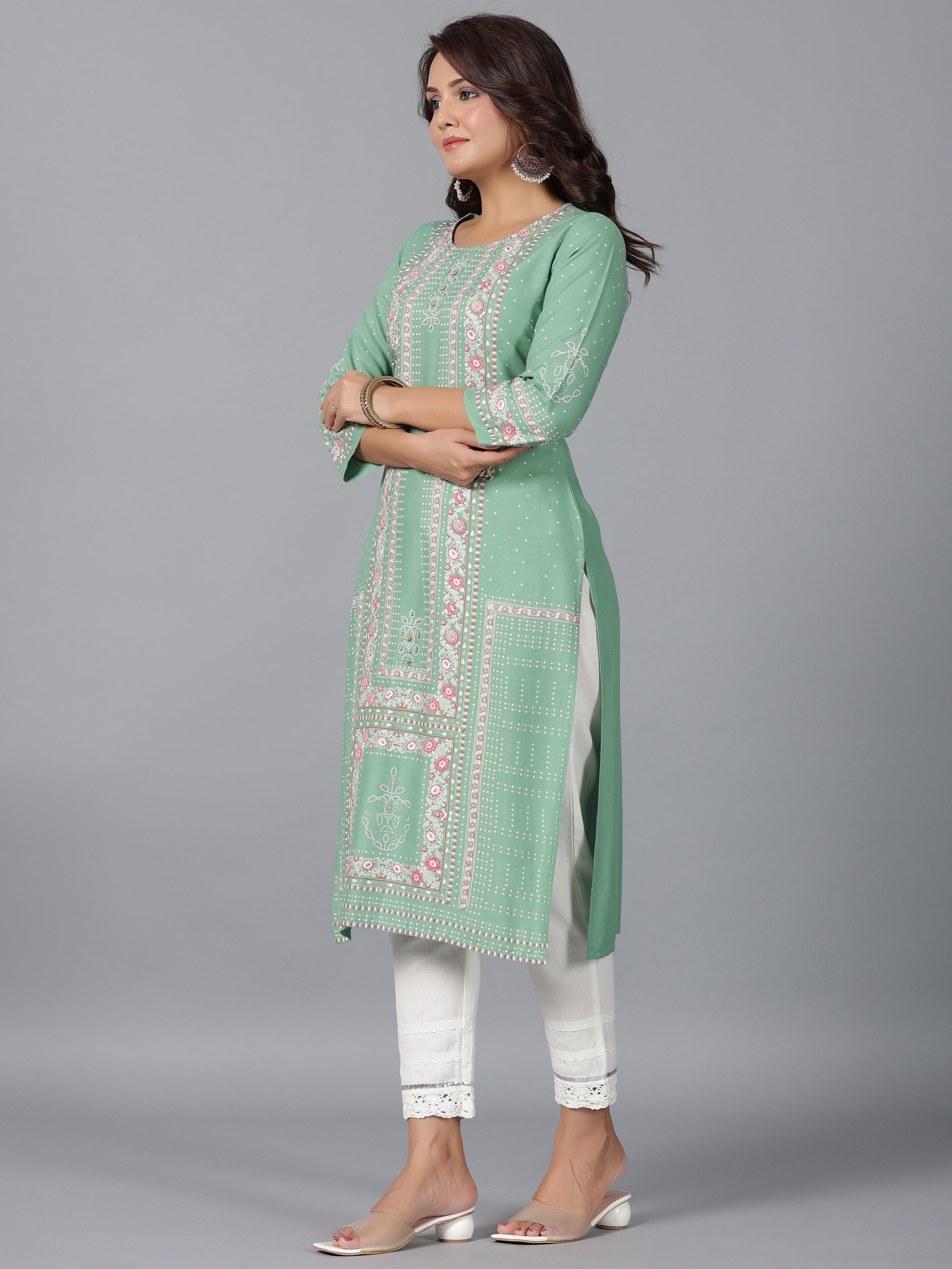Juniper Sage Green Floral Printed Rayon Straight Kurta With Beads