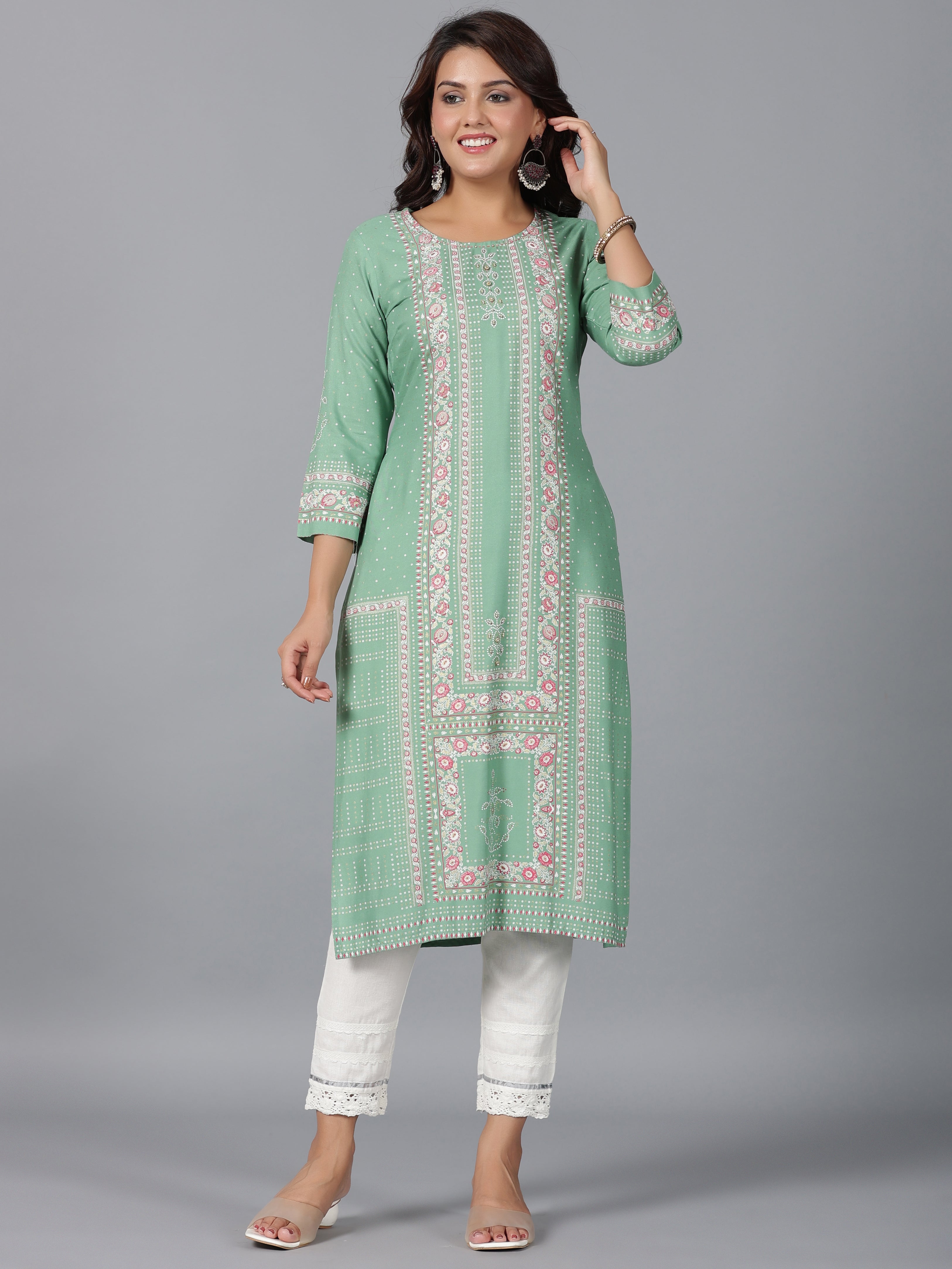 Juniper Sage Green Floral Printed Rayon Straight Kurta With Beads