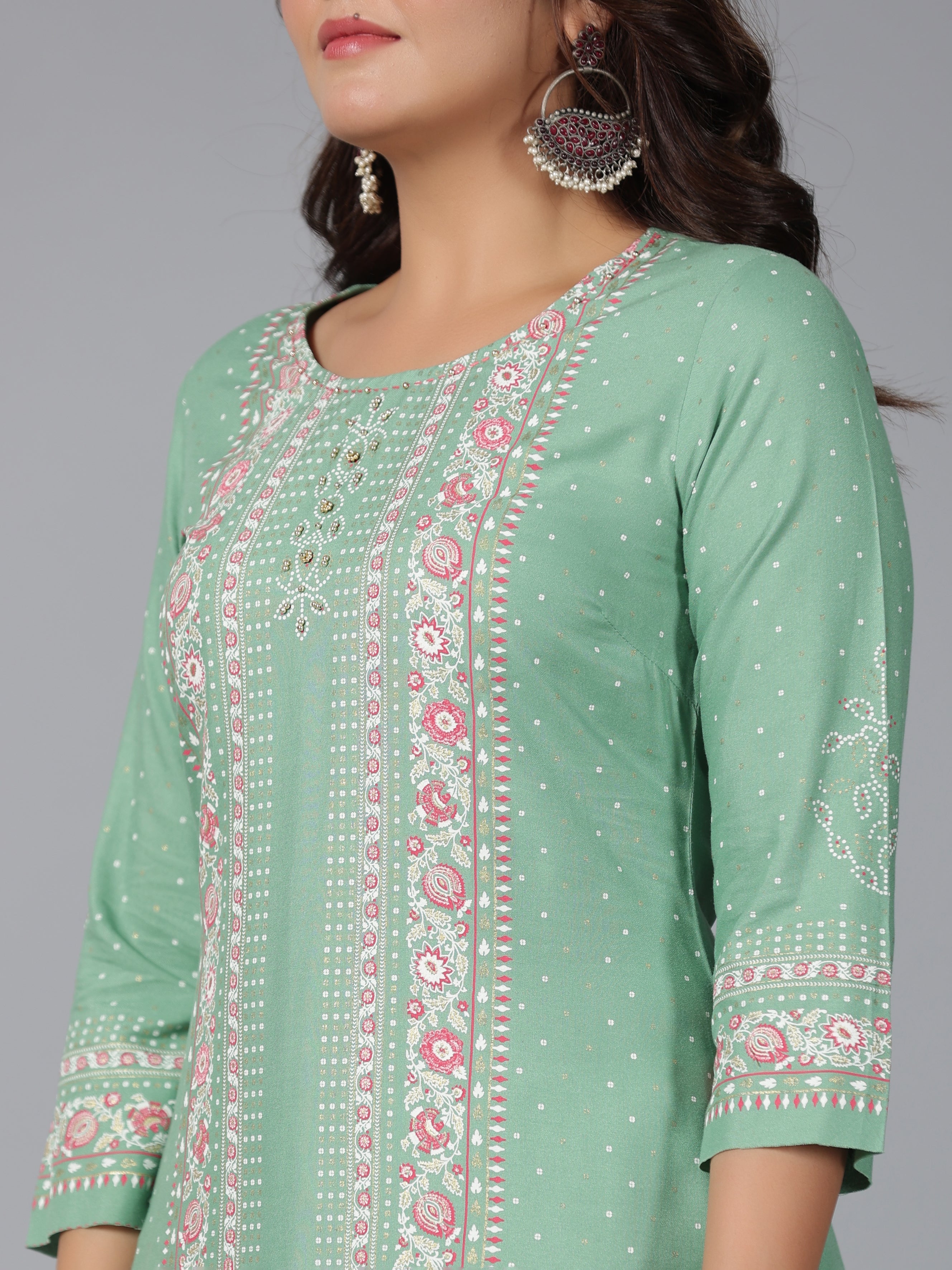 Juniper Sage Green Floral Printed Rayon Straight Kurta With Beads
