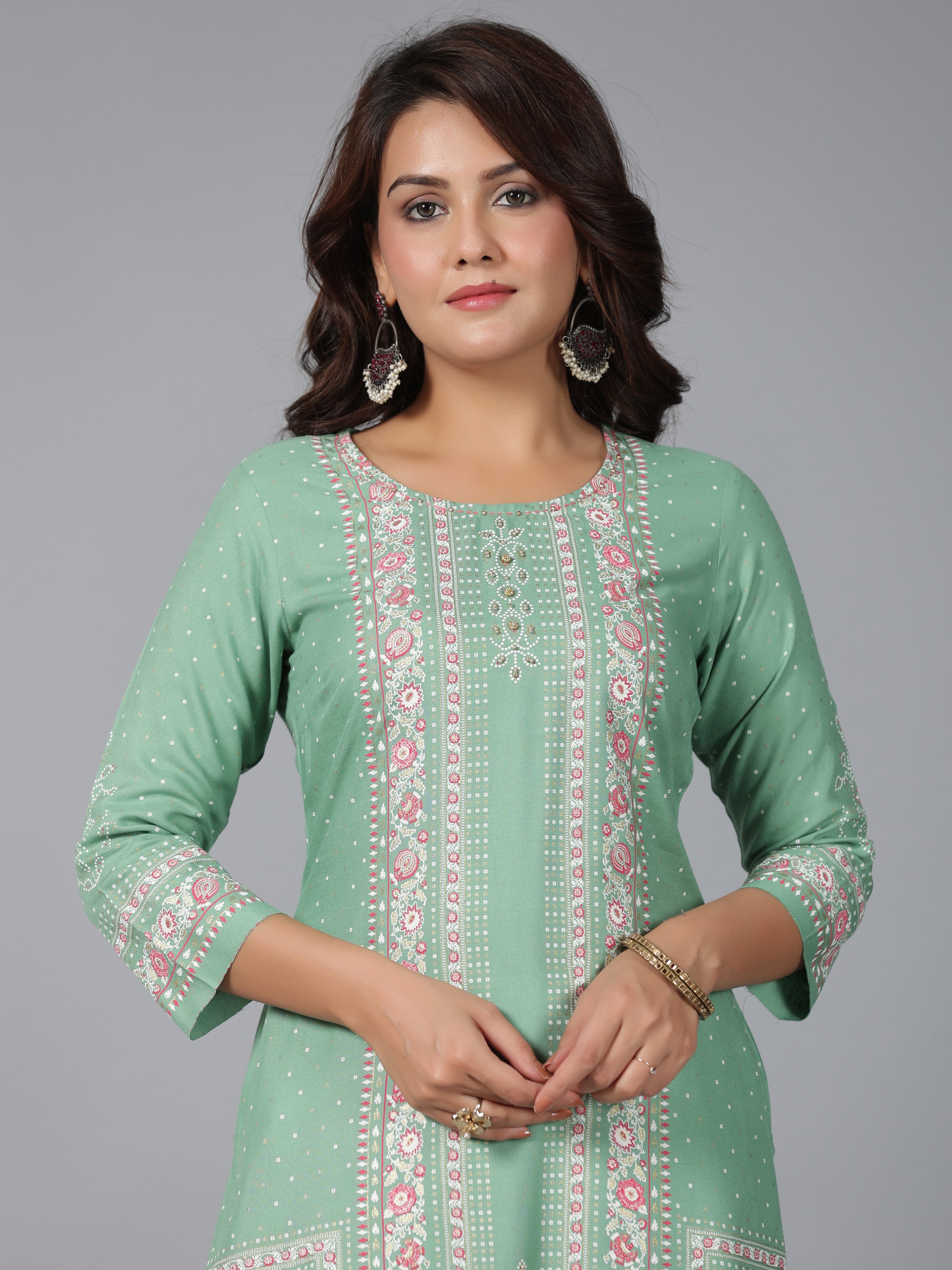 Juniper Sage Green Floral Printed Rayon Straight Kurta With Beads