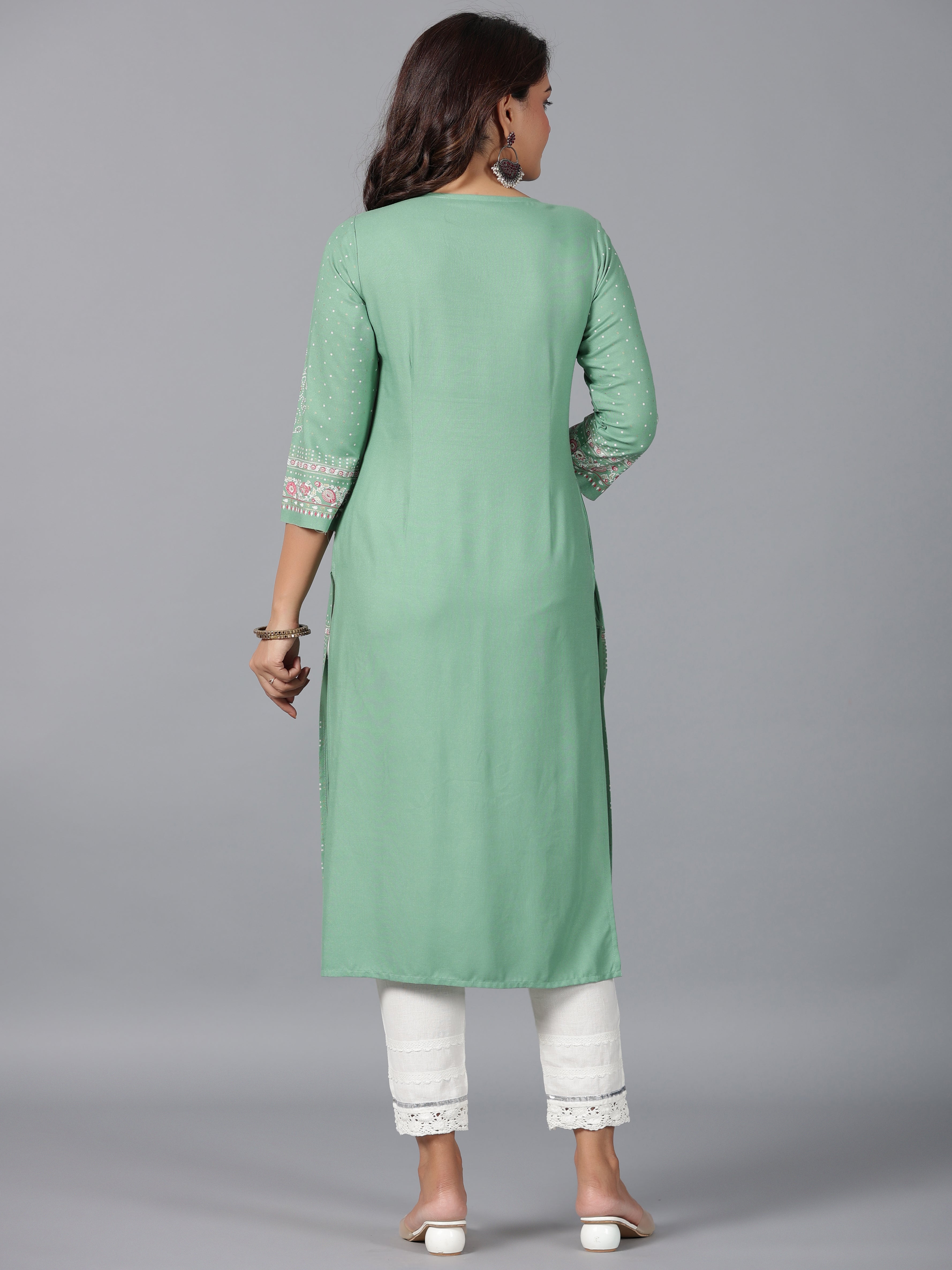 Juniper Sage Green Floral Printed Rayon Straight Kurta With Beads