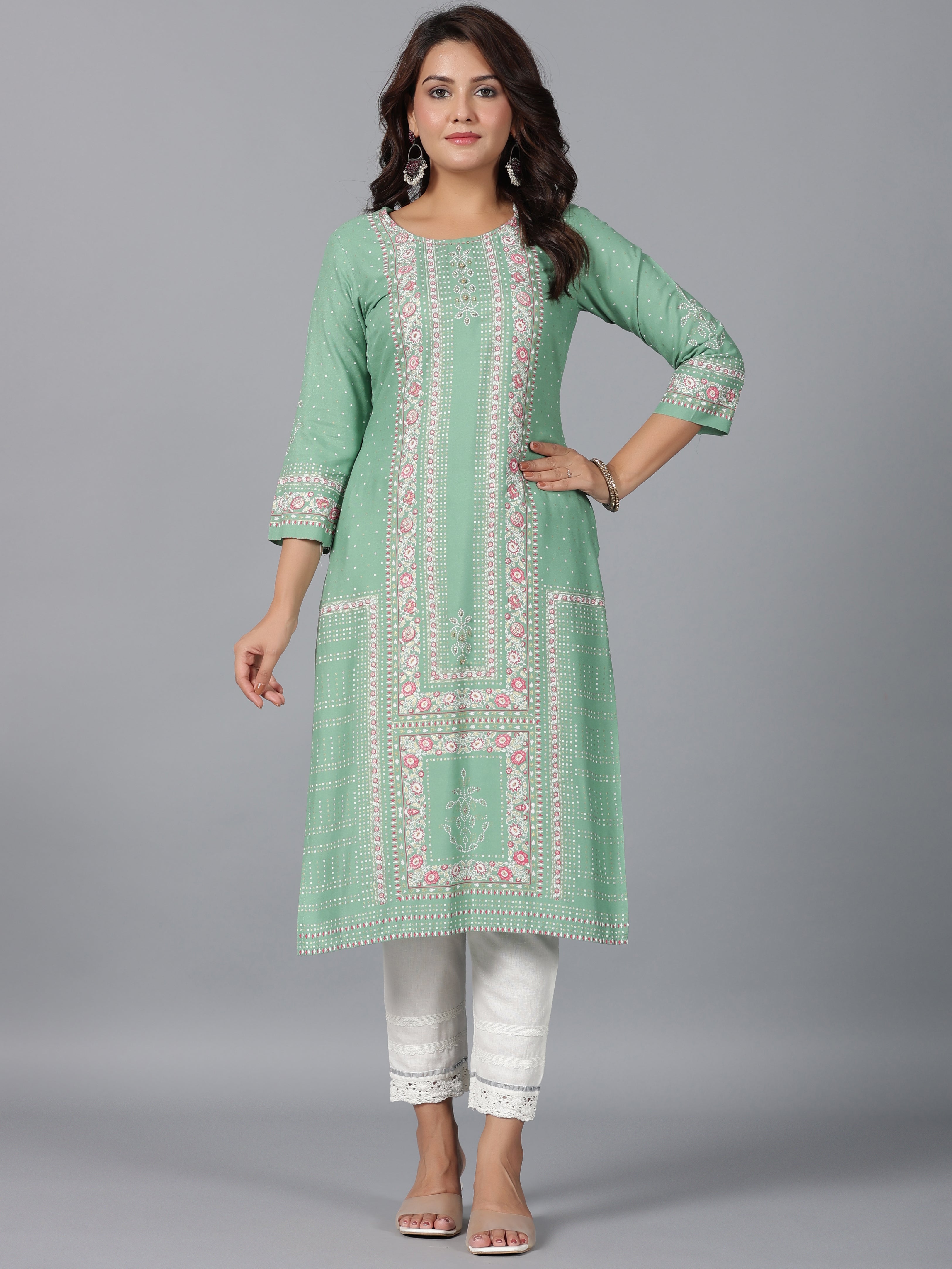 Juniper Sage Green Floral Printed Rayon Straight Kurta With Beads