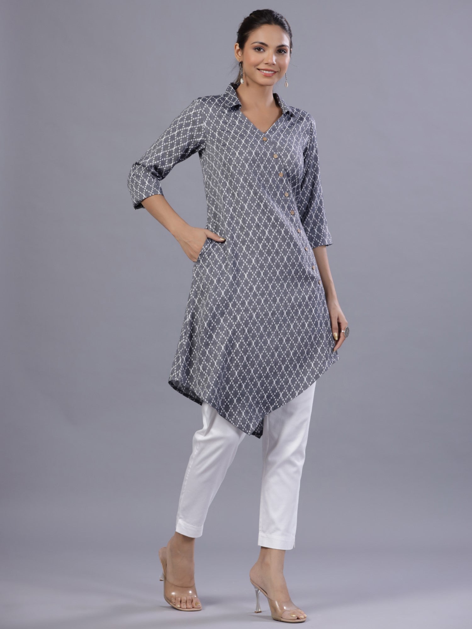 Juniper Women Blue Rayon Printed Asymmetric Kurta