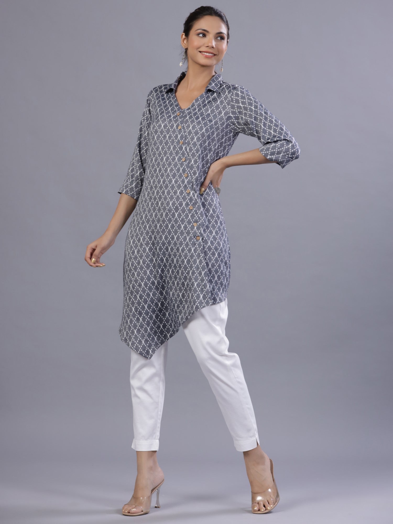 Juniper Women Blue Rayon Printed Asymmetric Kurta