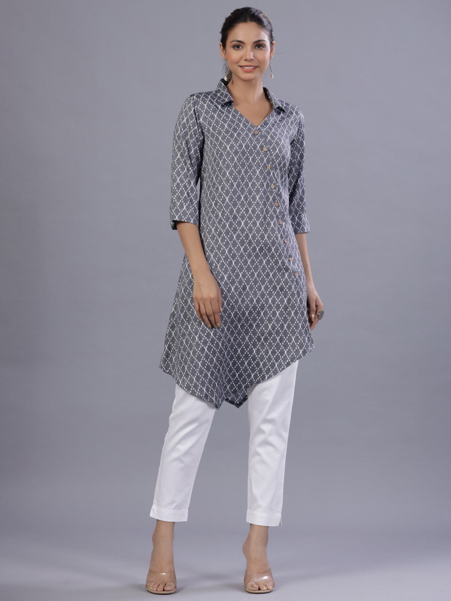 Juniper Women Blue Rayon Printed Asymmetric Kurta
