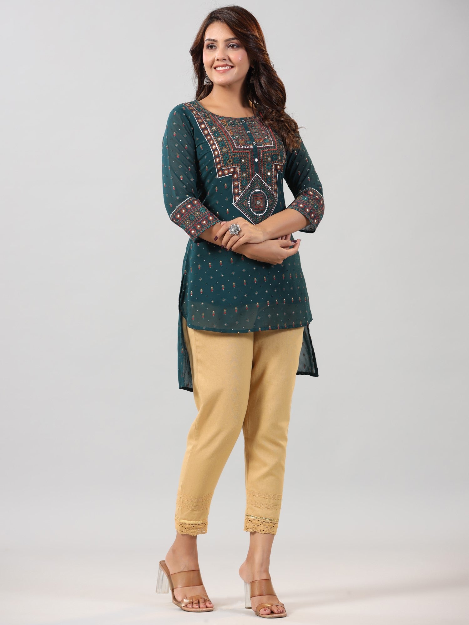 Juniper Women Green Georgette Printed High-Low Straight Tunic
