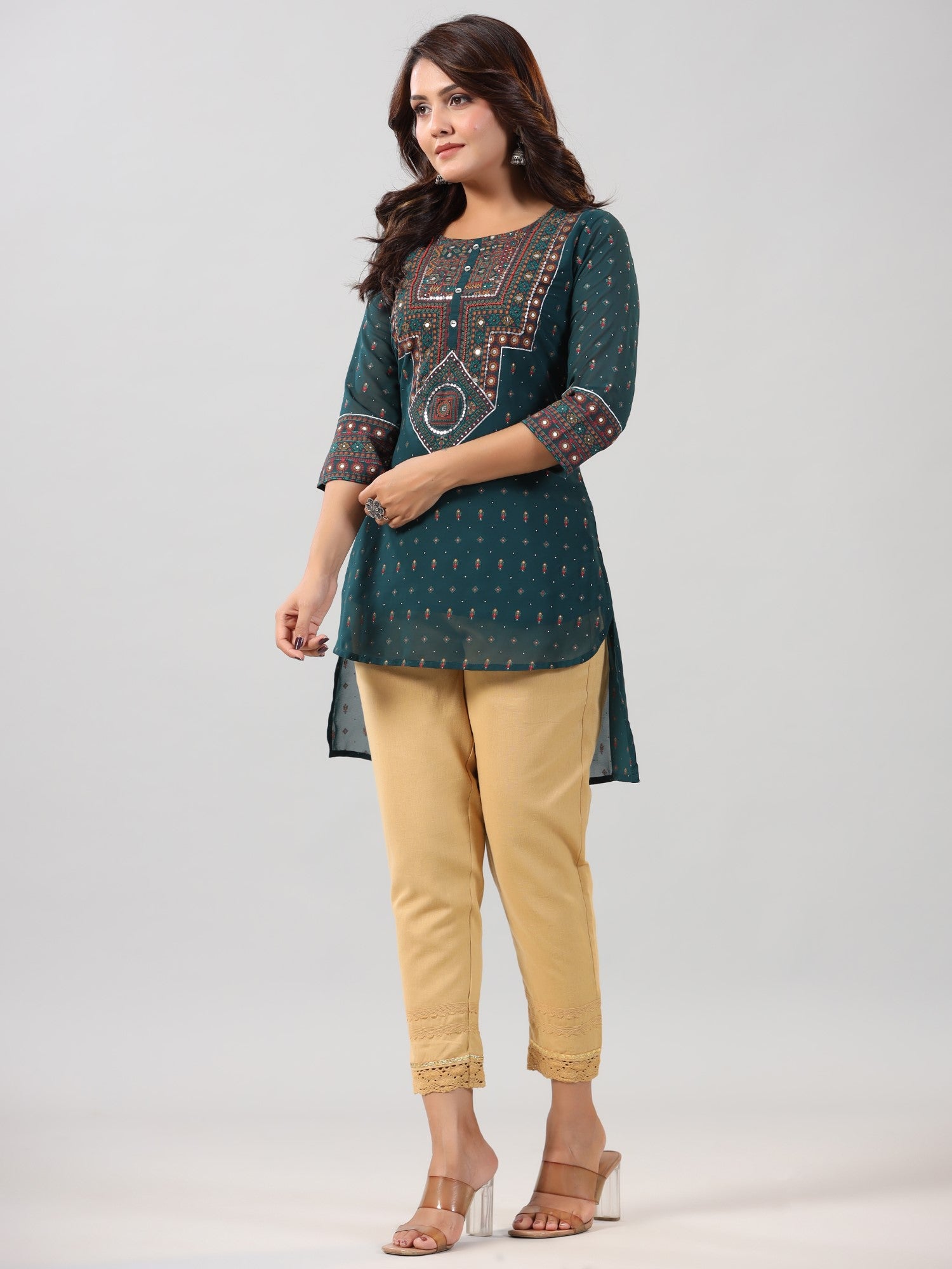 Juniper Women Green Georgette Printed High-Low Straight Tunic