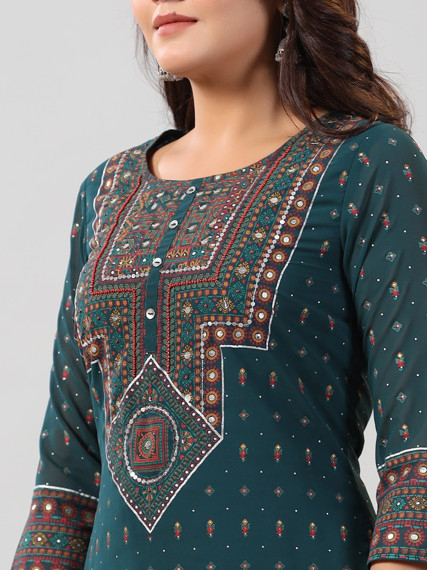 Juniper Women Green Georgette Printed High-Low Straight Tunic
