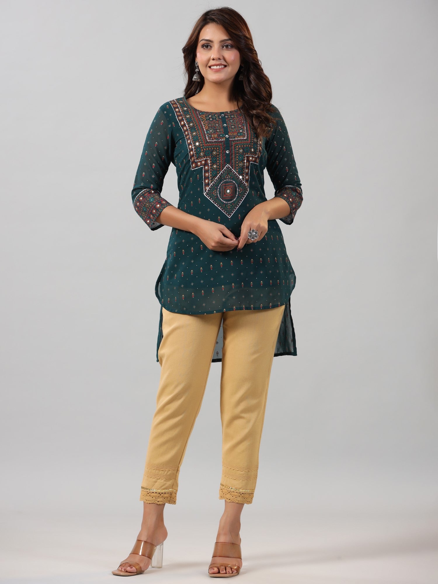 Juniper Women Green Georgette Printed High-Low Straight Tunic