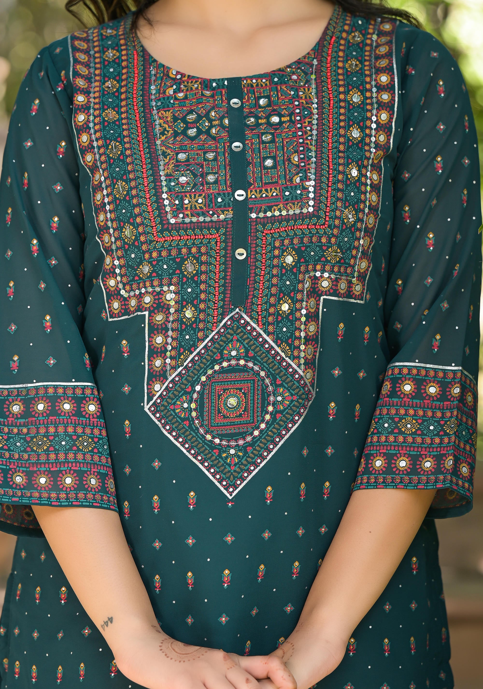 Green Ethnic Motif Printed Tunic With Sequins & Mirror Work
