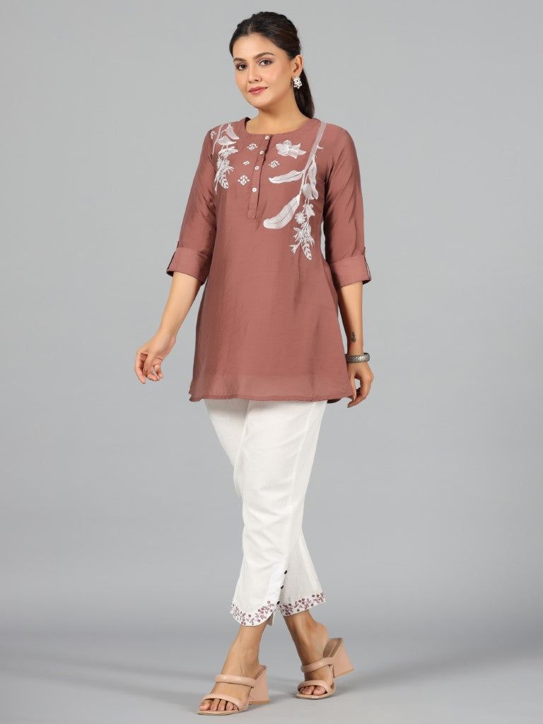 Juniper Women Brown Chanderi Embroidered Clothing Set