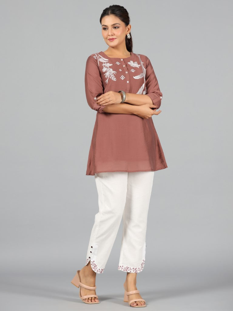 Juniper Women Brown Chanderi Embroidered Clothing Set