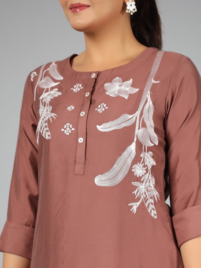 Juniper Women Brown Chanderi Embroidered Clothing Set