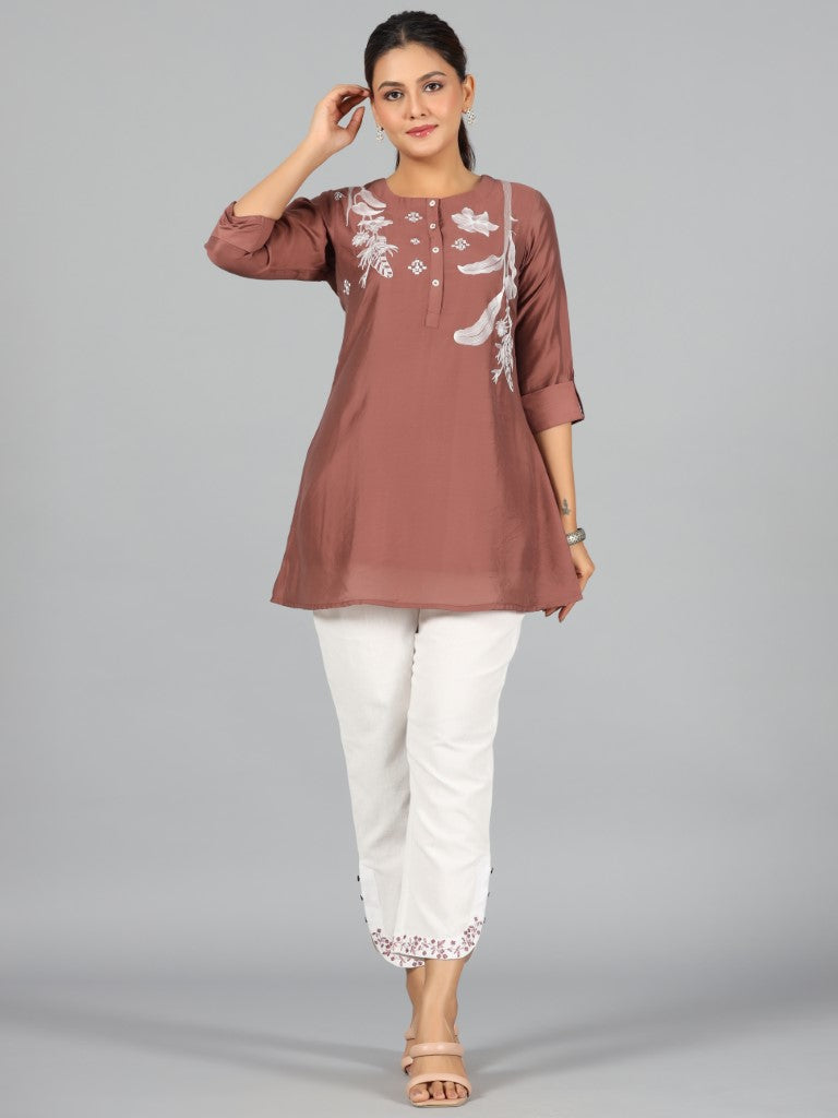 Juniper Women Brown Chanderi Embroidered Clothing Set