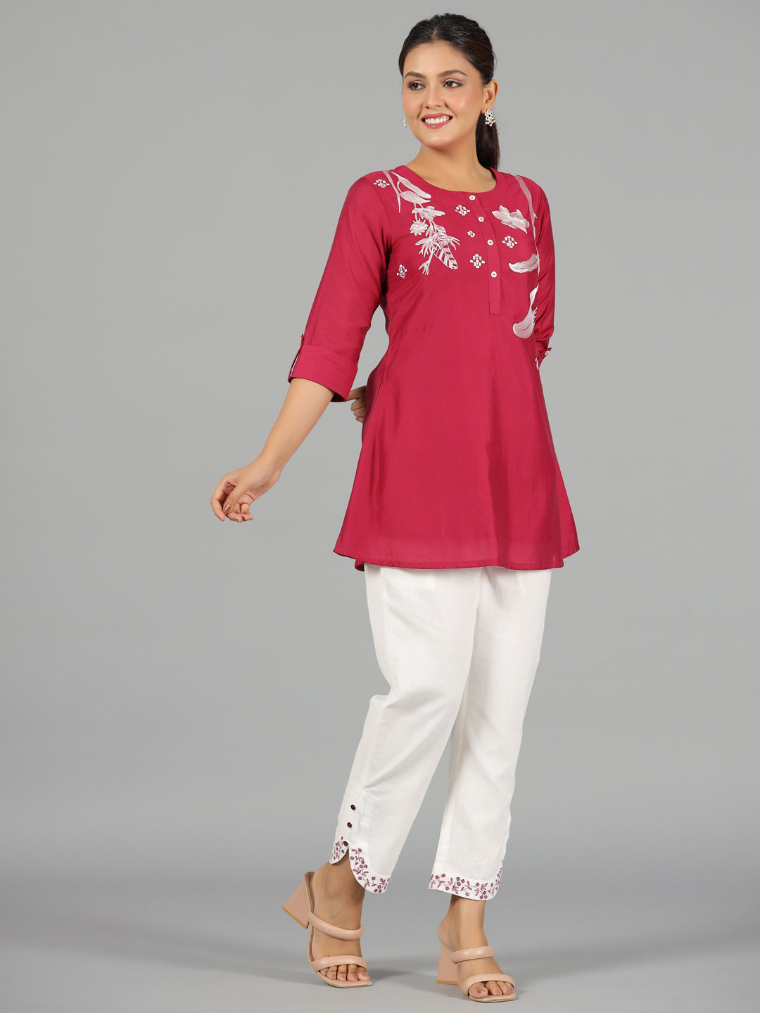 Juniper Women Fuchsia Chanderi Embroidered Clothing Set