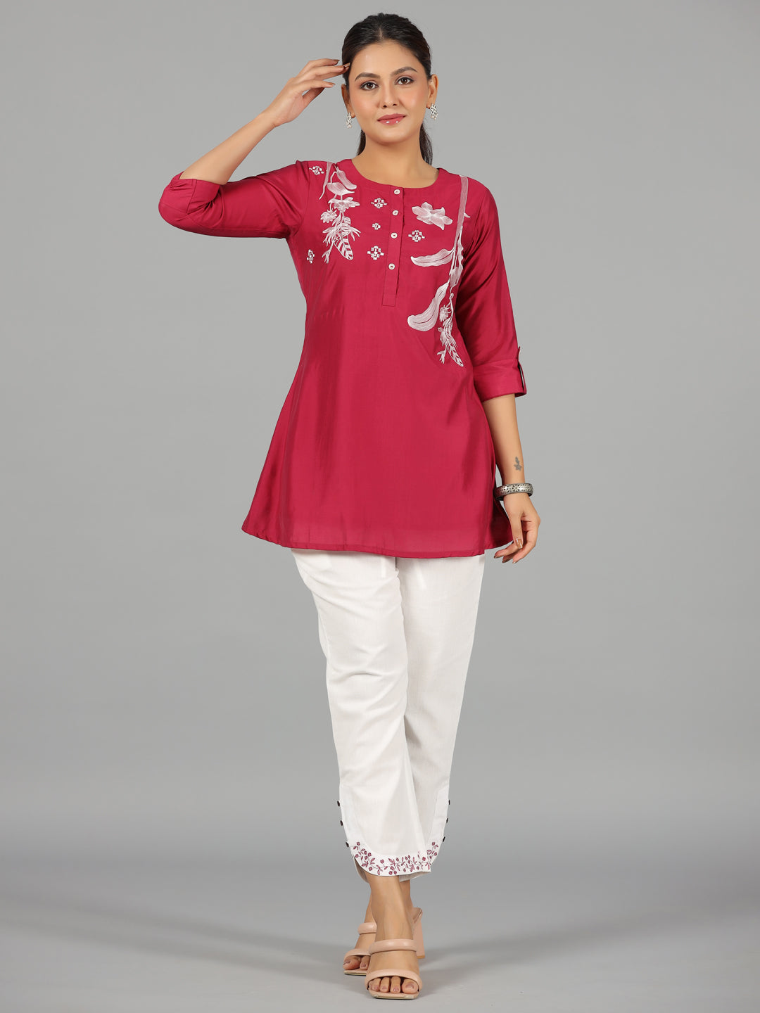 Juniper Women Fuchsia Chanderi Embroidered Clothing Set