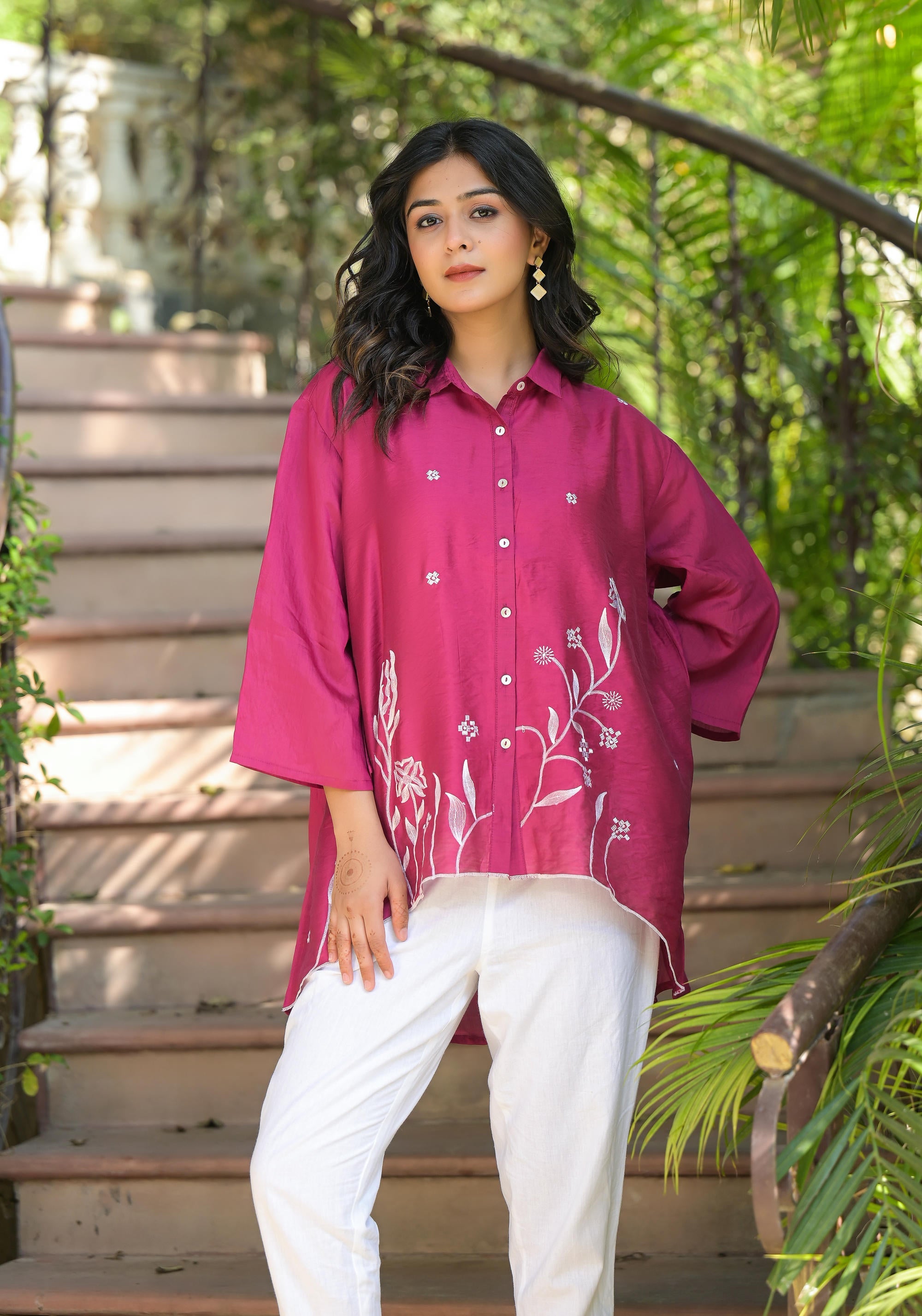 Fuchsia Thread Embroidered Chanderi Tunic With Button Closure