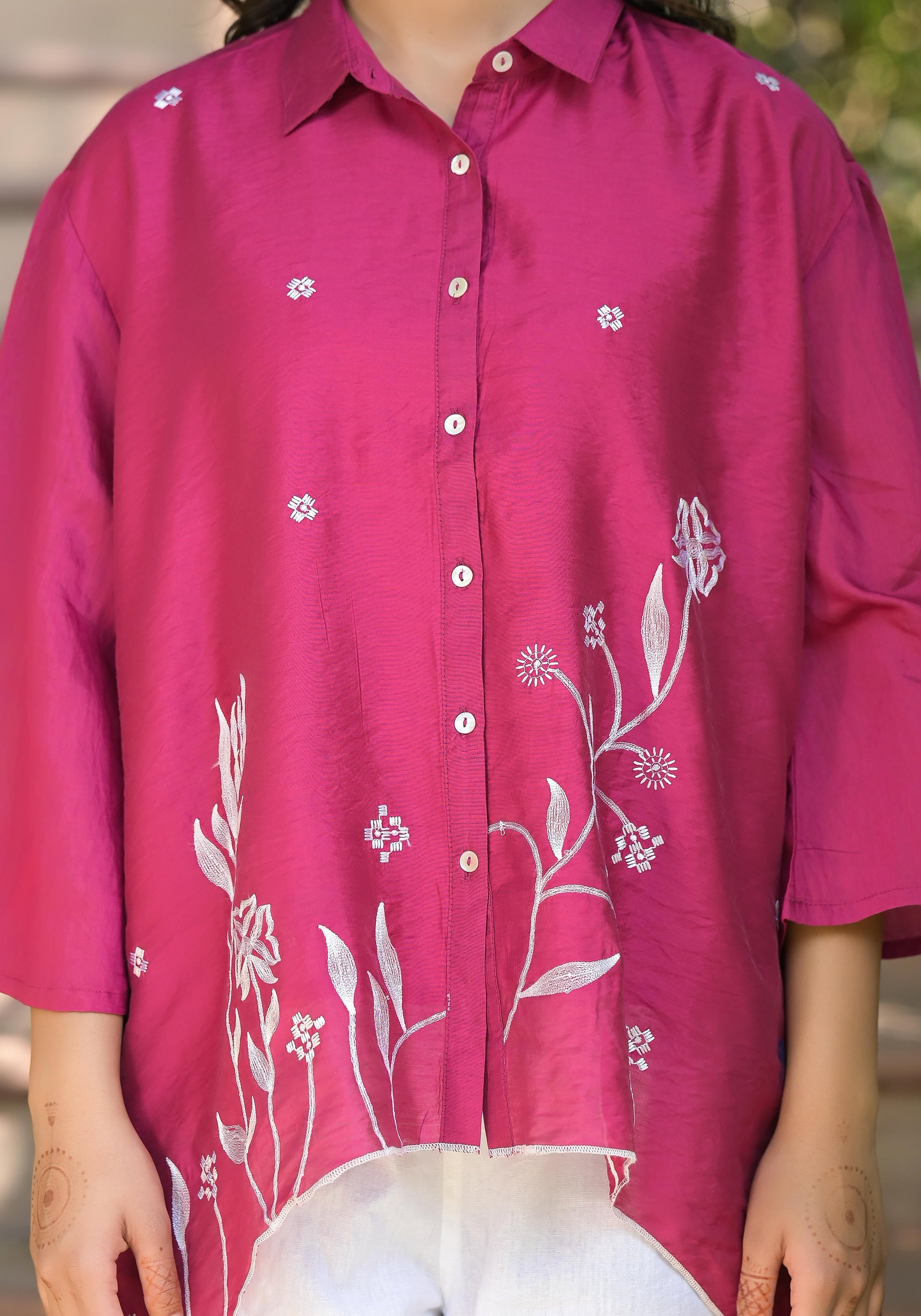 Fuchsia Thread Embroidered Chanderi Tunic With Button Closure