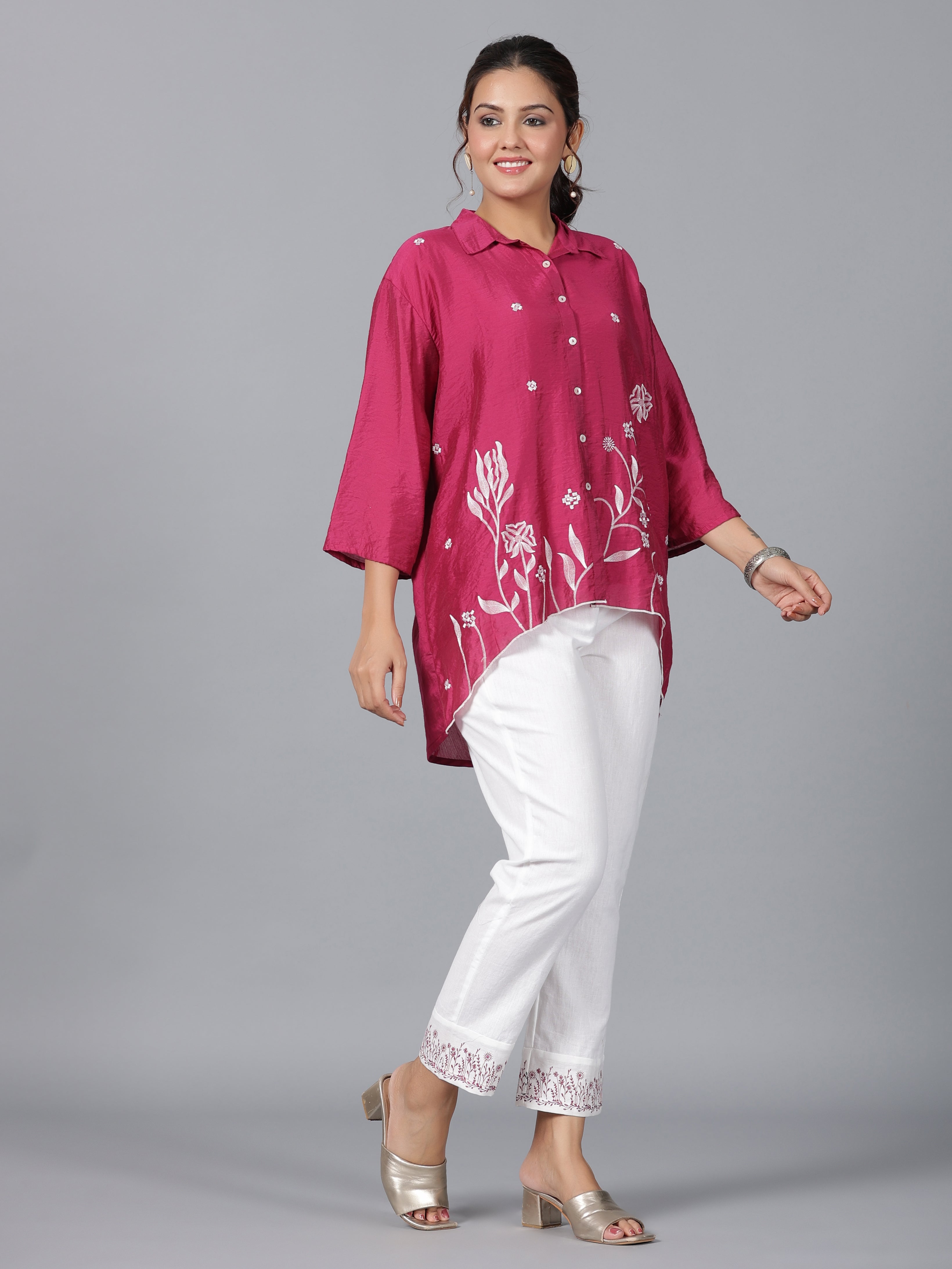 Juniper Women Fuchsia Chanderi Embroidered Clothing Set