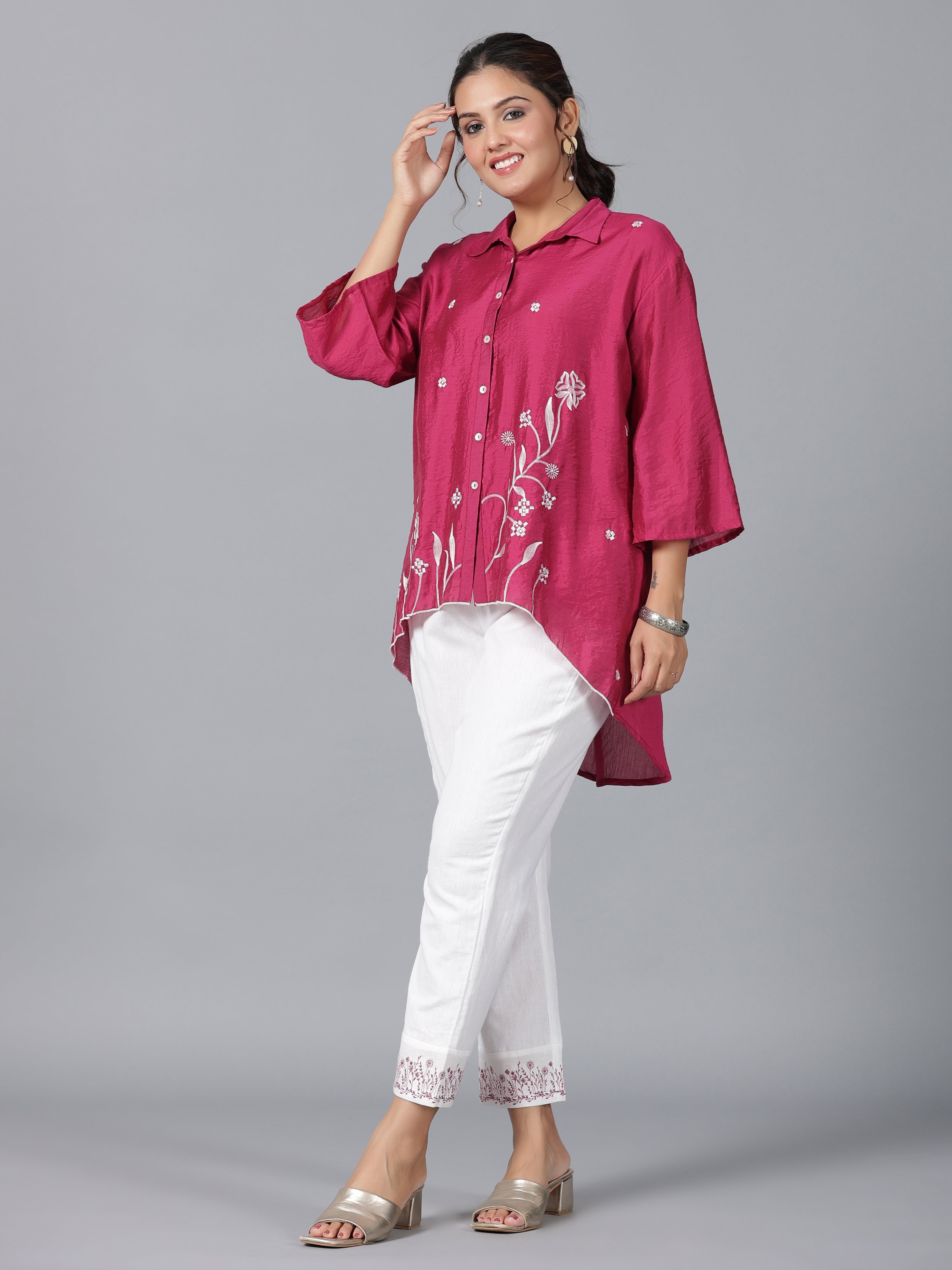 Juniper Women Fuchsia Chanderi Embroidered Clothing Set