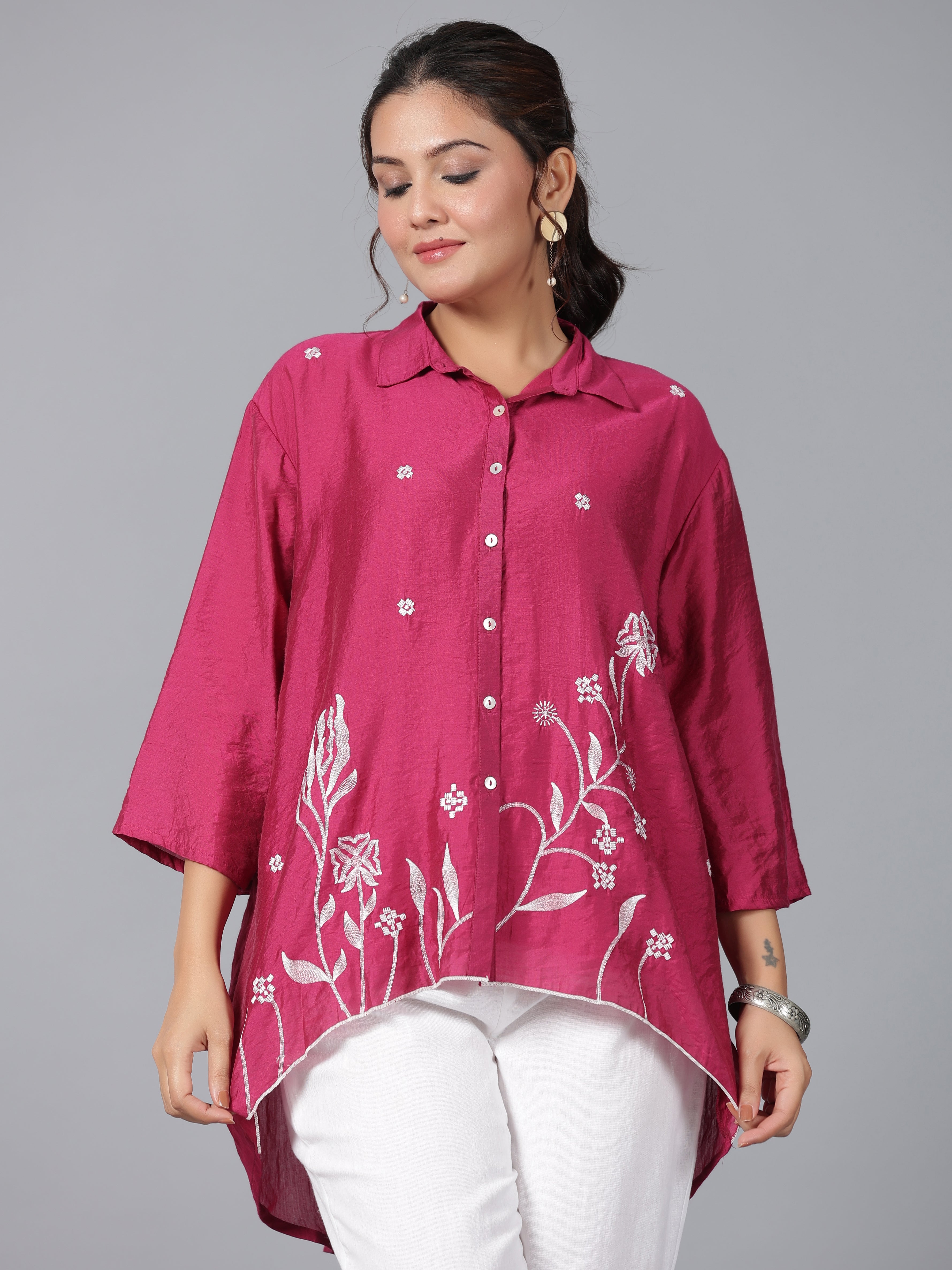 Juniper Women Fuchsia Chanderi Embroidered Clothing Set